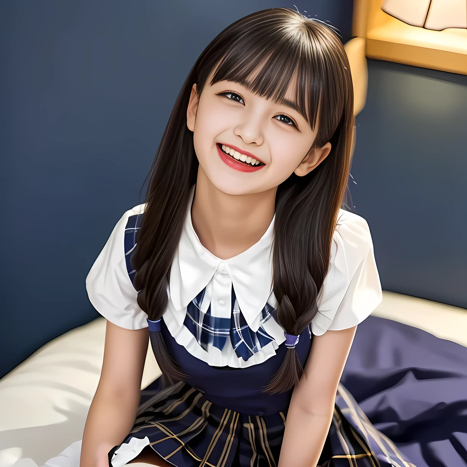 (Highest quality, masterpiece:1.2), Highest quality, High resolution, 1080P, 8k, height: 158cm, (Multiple cute girls: 1.4), (Noble, Japanese **** truly-girly-girl is seated on a blue gorgeous bed and smiling directly at me in school uniform, Looking up at me deeply, Hypnotizing me with her cuteness: 1.8), looking at the viewer, well-grown breast and nice style, (well arranged, balanced, neat glossy straight very long hair), (Half-closed, Looking up to me, Very sleepy, Double-deep-eyelids, completely balanced, brown large large dreaming Japanese **** eyes with detailed beautifully: 1.6), (Glossy lips: 1.8), (high nose: 1.2), (Rich and long bottom-eye-slashes), (Drives me crazy for her navy-colored neat tartan plaid blue skirts and make me fall into her navy-colored plaid-print pleats skirt: 1.4), (Fine white-face that looks like she has never been out of home: 1.6), (Noble girly feminine frilled frilled clean frilled white girly blouse: 1.6), (Navy pleated plaid skirt: 1.5), (Plain-white big ribbon on the breast), (The background is a hypnotizing blue bed of evil-succubus background: 1.8), (Girl whom everyone loves because of her beauty and neat school fashion and noble manner and magic-charm of succubus: 1.7), (full body shot from above her head), (jolly face expression), (evenly cut curled glossy rich beautiful bangs: 1.6), (bright light hitting her white-face and skirt clearly beautifully), (Very very large, dreamy, Adorable eyes, Looking deeply at me: 1.5), white-shining skin,  (She is touching and straightening her long hair with her both hands: 1.2),  (Open laughing mouth like eating me: 1.5)