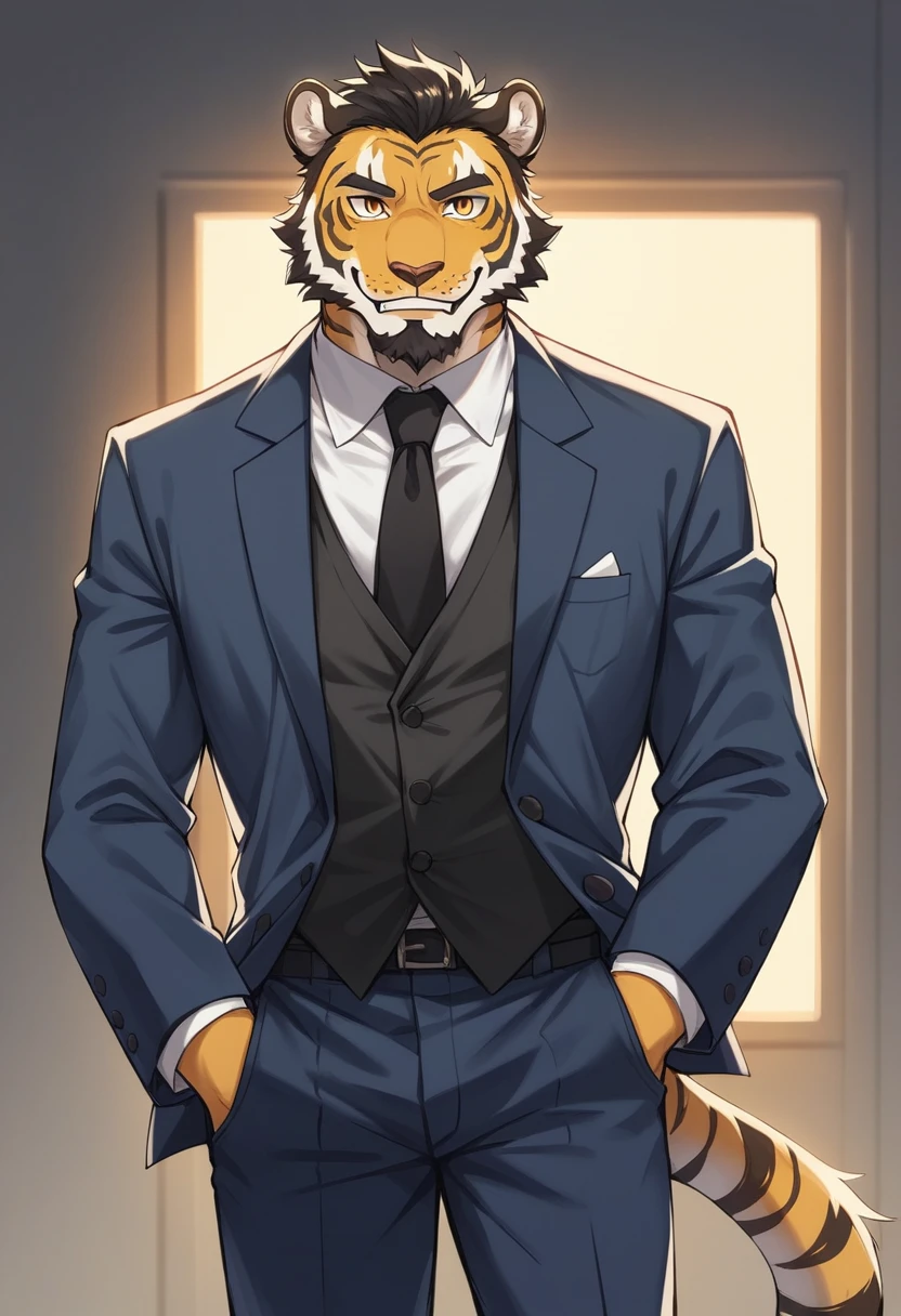 Póster albúm de los 80's, artwork detailed artistic: Alone, furry, Tigre, antromorfo, Aspect: ADULT FACE, short beard, black hairstyle, looking at the viewer, smiling, happy expression.. attire: a navy blue suit, White formal shirt, and a black tie, agregando un Aspect de los 80's, bottom: room, with neon lights, low lighting, pose: hand in suit pocket, showing happiness in the album. 