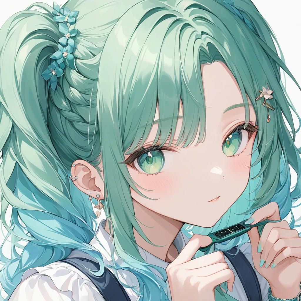 There are lots of dark brown band-aids on his face.、Blue long hair、Anime girl with twin tails hair, black eyes and green dress, ライトBlue long hairのpretty girl,Cute realistic portrait, pretty girl, Anime Moe Art Style,