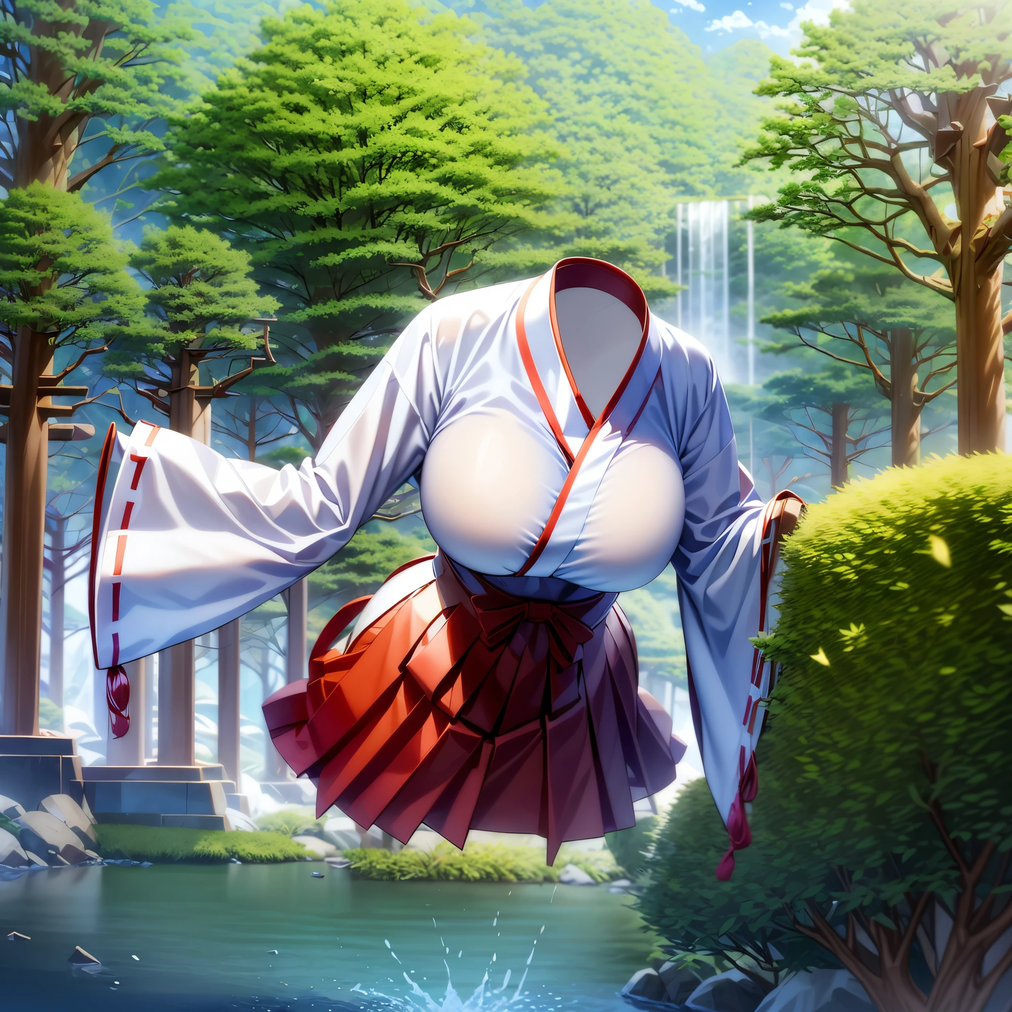 1girl, (invisible:1.5, no humans:1.5, headless:1.5, faceless:1.5), chubby, fat, miko clothes, long hakama, long sleeves, outdoors, walking in forest, sunlight filtering through trees, (close-up shot of breasts), (8k, RAW photo, best quality, masterpiece:1.2), (realistic, photo-realistic:1.37), photon mapping, radiosity, ((Hasselblad photography)), physically-based rendering, leaning forward, waterfall
