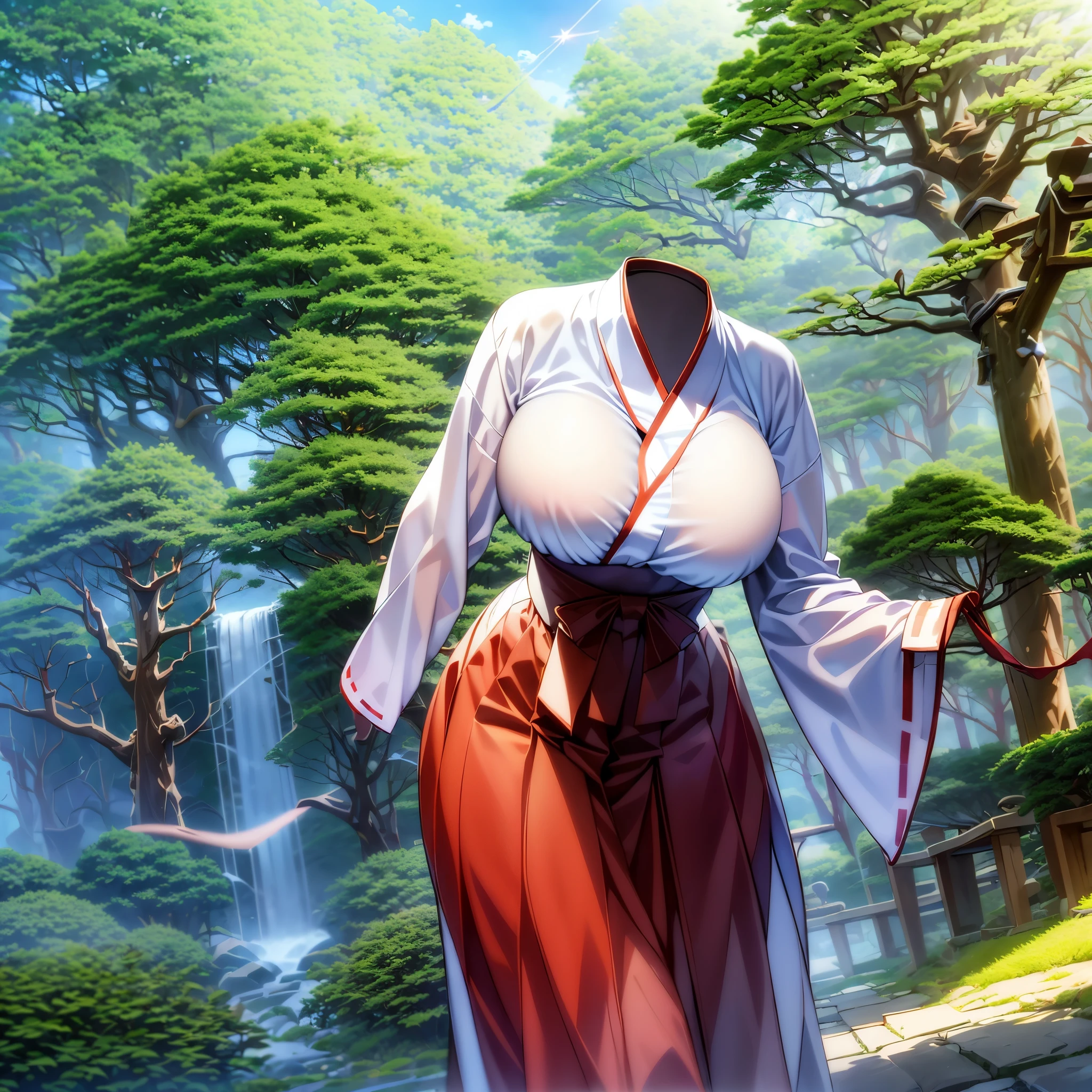 1girl, (invisible:1.5, no humans:1.5, headless:1.5, faceless:1.5), chubby, fat, miko clothes, long hakama, long sleeves, outdoors, walking in forest, sunlight filtering through trees, (close-up shot of breasts), (8k, RAW photo, best quality, masterpiece:1.2), (realistic, photo-realistic:1.37), photon mapping, radiosity, ((Hasselblad photography)), physically-based rendering, leaning forward, waterfall
