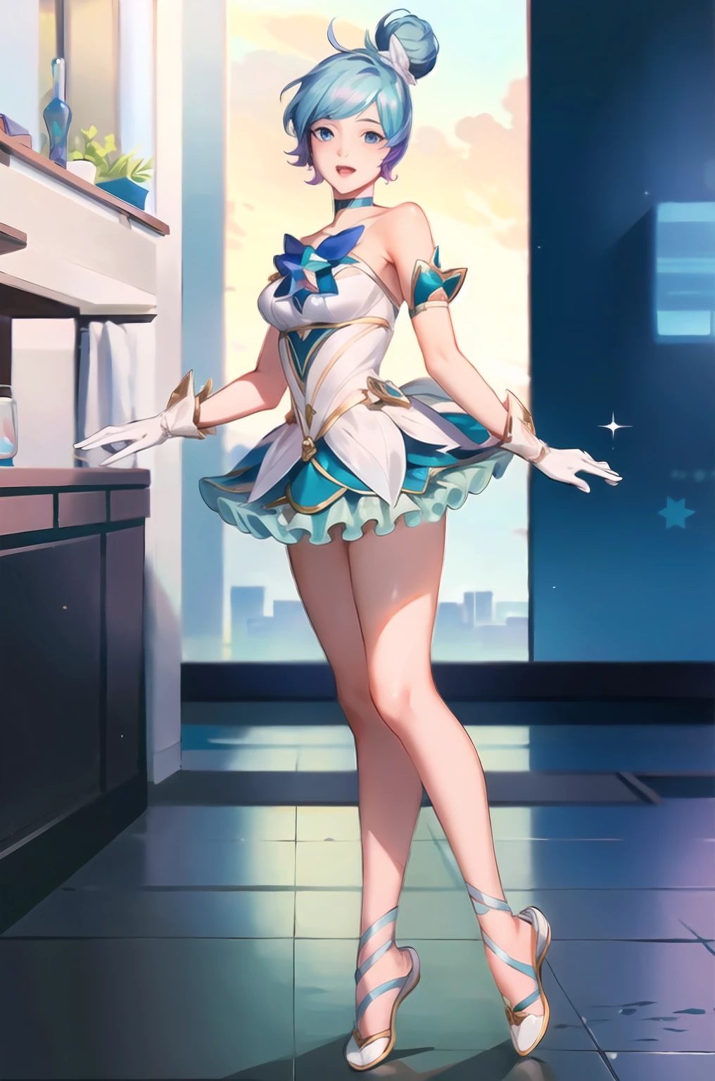 ((Full body photo, standing, feet on the floor)) (Masterpiece:1.4), (best quality:1.2), star guardian orianna, blue hair, hair bun, ballerina, short dress, white gloves, smile, upper body, potrait