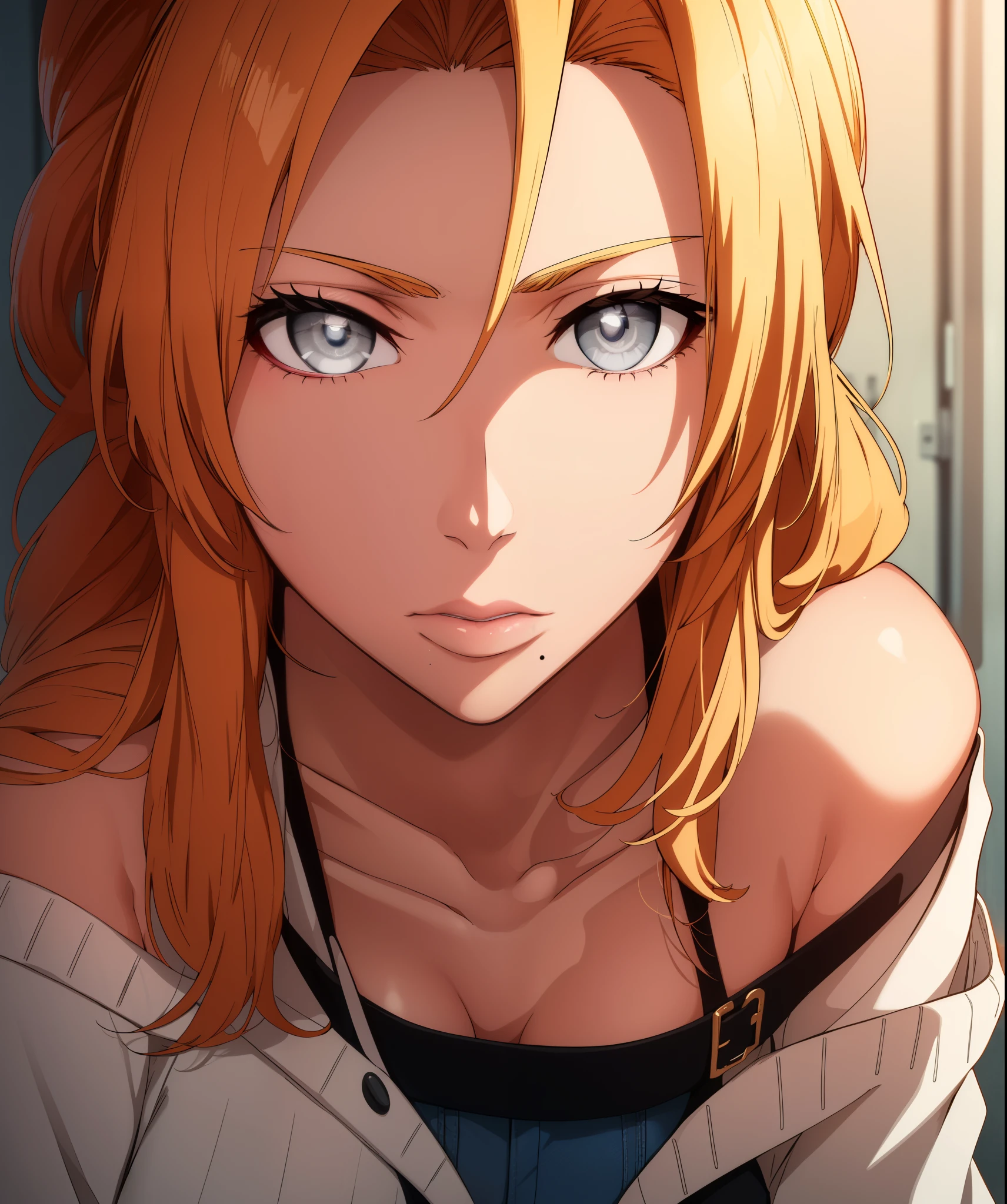 rangikumatsumoto, rangiku matsumoto, long hair, (grey eyes:1.5), orange hair, mole, mole under mouth, parted bangs,
BREAK (sweater, long sleeves, long hair, ponytail, off-shoulder sweater, collarbone, bra strap, shorts, denim shorts:1.2)
BREAK (masterpiece:1.2), best quality, high resolution, unity 8k wallpaper, (illustration:0.8), (beautiful detailed eyes:1.6), extremely detailed face, perfect lighting, extremely detailed CG, (perfect hands, perfect anatomy),