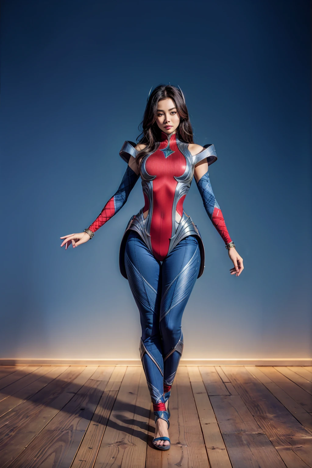 ((Full body photo, standing, feet on the floor))(masterpiece, best quality:1.2), intricate details, irelia, 1girl, bodysuit, bare shoulders, forehead protector, hair ornament, armor, (thick thighs), (thick legs), (wide hips), medium breasts, (thin waist), ((blue eyes)), Sexy Pose, dynamic lighting