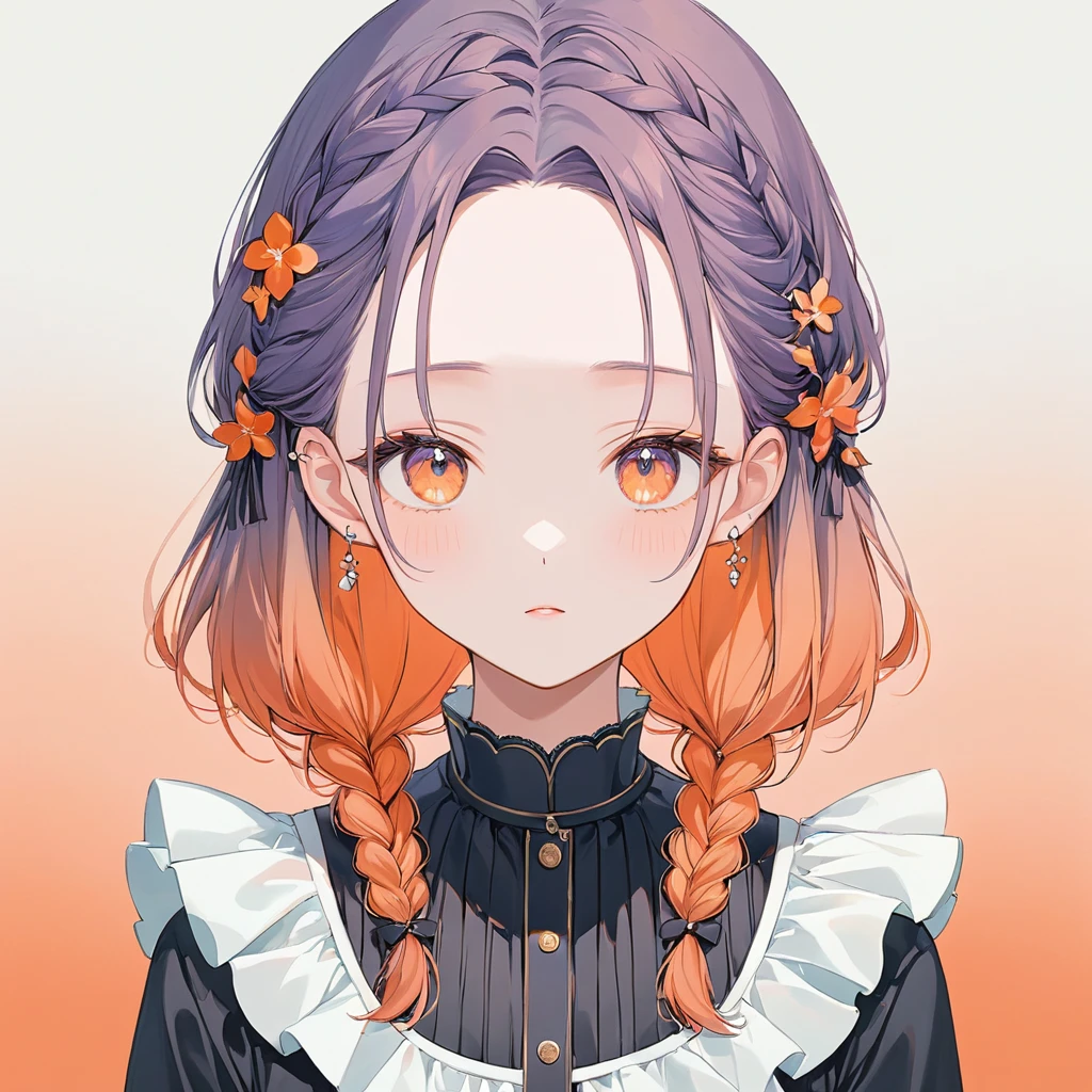 One woman,pastel,Hair Gradient,Red and orange gradient,The base is red,The hair is orange,Center-parted bangs,Put on a hair pin,Put one ear out,Hair tying at the back,Braids,Braidsは肩にかける,Very refreshing,Fluffy hair,A soft touch masterpiece,Best Quality,Exquisite,8k,Absurd,Ultra-detailed illustrations,(Watch the audience)