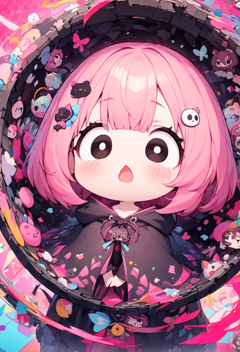 portrait, kawaii chibi character girl, pink bob haircut, cute big round eyes, expressive, wearing dark brown hooded mantle robe, background vivid color pattern patchwork wallpaper, conceptual installation art, BREAK delicate and dynamic textures, 2.5D, digital graphic CG, BREAK ultra detailed, absolutely resolution, best quality