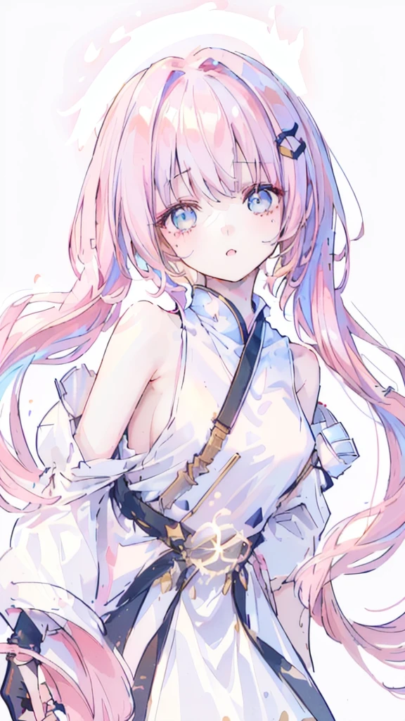 (masterpiece), (Best quality), (Looks super detailed), (Dirty hair), (illustration), (1 girl) (Long pink hair 1.5) (Blue Eyes) (Twintails 2.0), ((((No shoulder))),Hanfu, (Looking at the audience, (interview), (Simple background), Beautiful and delicate eyes, Delicate and beautiful face, Soaring (High Saturation), (Colorful flash), Colorful bubbles, (flash), Facial focus, PerfectNwsjMajic, Conservative clothing, No shoulder, Fall Clothing, For the masses, Perfect body,