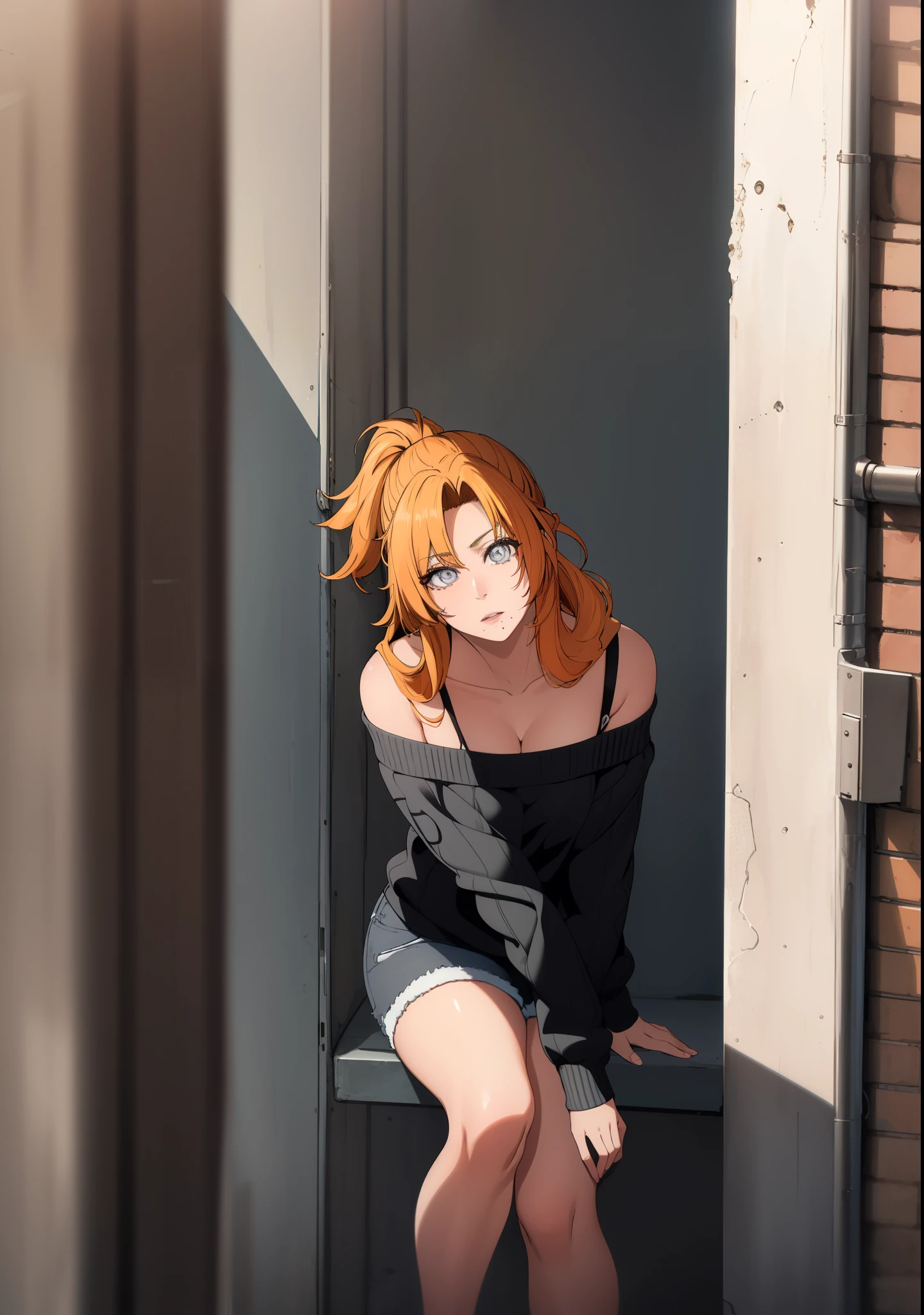 rangikumatsumoto, rangiku matsumoto, long hair, (grey eyes:1.5), orange hair, mole, mole under mouth, parted bangs,
BREAK (sweater, long sleeves, long hair, ponytail, off-shoulder sweater, collarbone, bra strap, shorts, denim shorts:1.2)
BREAK (masterpiece:1.2), best quality, high resolution, unity 8k wallpaper, (illustration:0.8), (beautiful detailed eyes:1.6), extremely detailed face, perfect lighting, extremely detailed CG, (perfect hands, perfect anatomy),