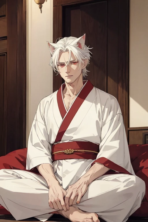 man, thick eyebrows, handsome, short hair, fox ears, injured, body