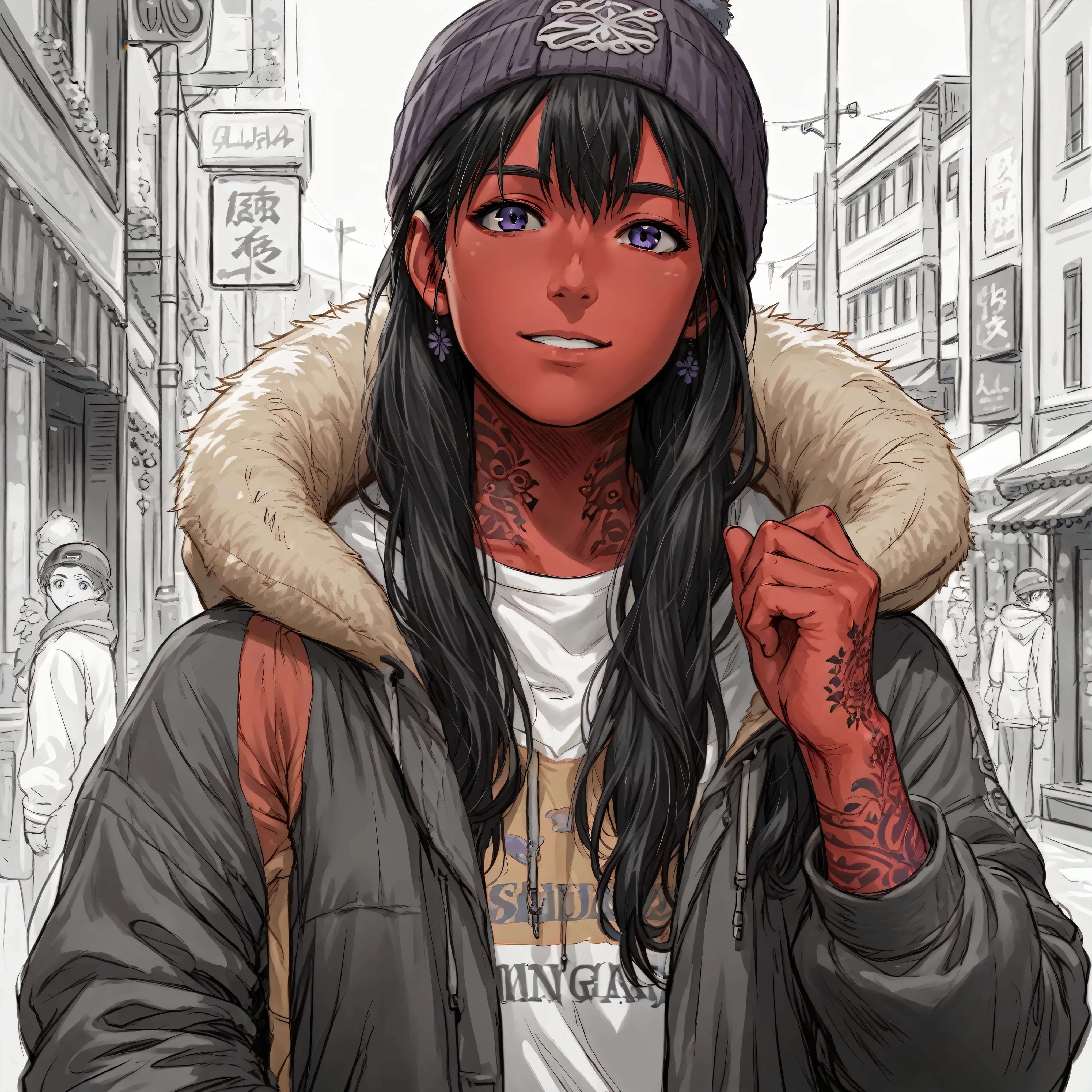 la cousine, Yusuke Murata style,young woman with red skin , black hair , purple eyes puts on a streetwear winter clothings. Athletic body , muscular arms,She is tall, smile, street tattoos , she walks downtown 
,sketch 