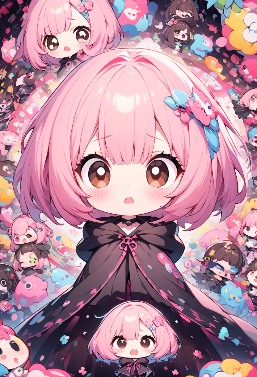 portrait, kawaii chibi character girl, pink bob haircut, cute big round eyes, expressive, wearing dark brown hooded mantle robe, background vivid color pattern patchwork wallpaper, conceptual installation art, BREAK delicate and dynamic textures, 2.5D, digital graphic CG, BREAK ultra detailed, absolutely resolution, best quality