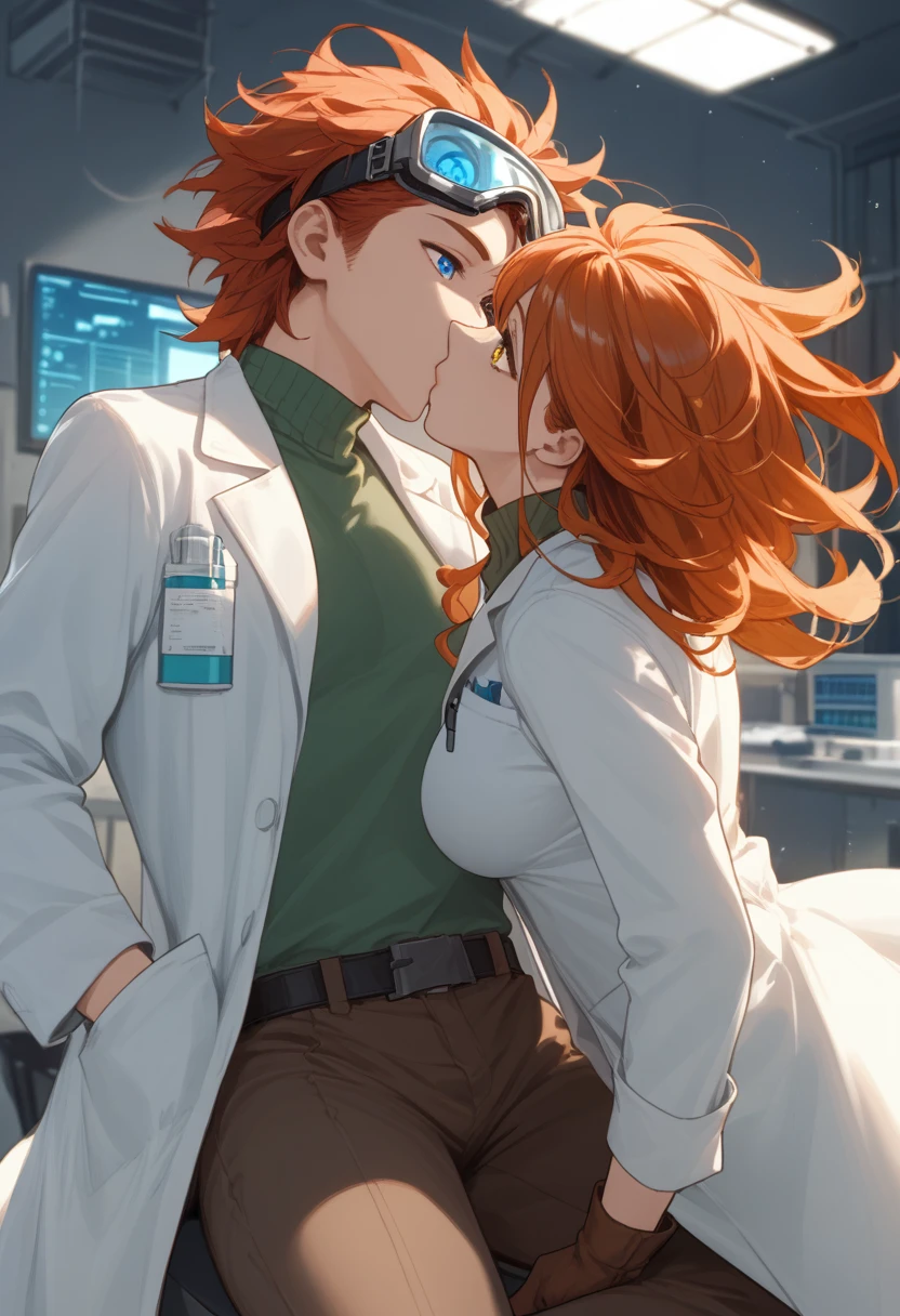 A boy with messy red hair,blue eyes,lab coat, brown pants,black boots, goggles,scientific.BREAK.A woman,long orange hair,big breasts,heterochromia eyes,left eye green,right eye yellow,He wears a green short-sleeved shirt with a bow,a brown skirt ,couple,tender kiss