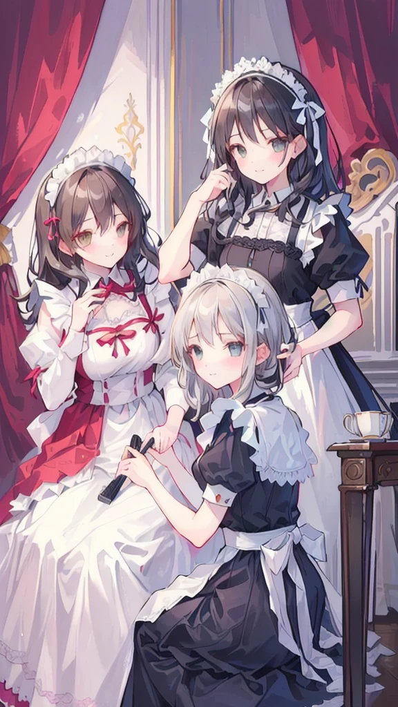 Two girls helping maid and maid combing hair of noble lady smiling happily, The maid&#39;s cousin does everything with love and devotion, The maid happily takes care of her master,