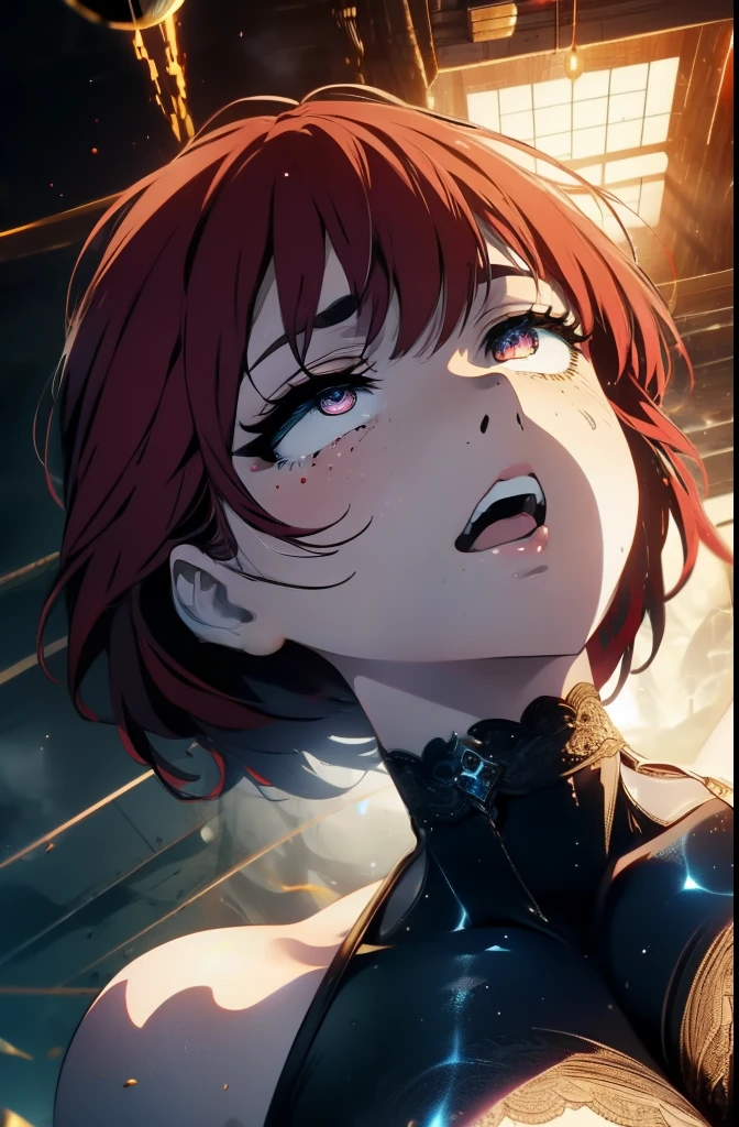 beautiful woman, red hair, rain, wind, space, Big breasts, (The best quality,4k,8K,high resolution,Masterpiece:1.2),ultra detailed,(realistic,photorealistic,photo-realistic:1.37),HDR-10,Ultra high definition,studio lighting,ultrafine paint,sharp focus,Physically based rendering,Extremely detailed description,professional,bright colors,bokeh,Very detailed face, beautiful detailed eyes, beautiful detailed lips, Eyes and face extremely detailed.., long eyelashes, evil smile, sensual pose, Dramatic lighting, ethereal atmosphere, glowing skin, A lush environment, Volumetric fog, cosmic backdrop, Satisfied smile, head tilted down, evil smile, more Plano general, relaxed open mouth, Plano general, juicy lips, Big breasts ,(( from below)), Plano general,, to throw, tummy, full body, The entire upper part was covered by a tight white lace One piece bodysuit, as if they were spider webs, turtleneck, hand reaching out, big thighs, wasp waist, tummy line, visible thighs, (Clothes: One piece), One piece bodysuit covering all body, the entire upper area covered, on all fours, hypnotic cosmic eyes, squishing her chest, hand on chest,, like in a fight, aura around her, ((standing, offensive pose)), black bikini, white long gloves, in space, white clothes, looking viewer  