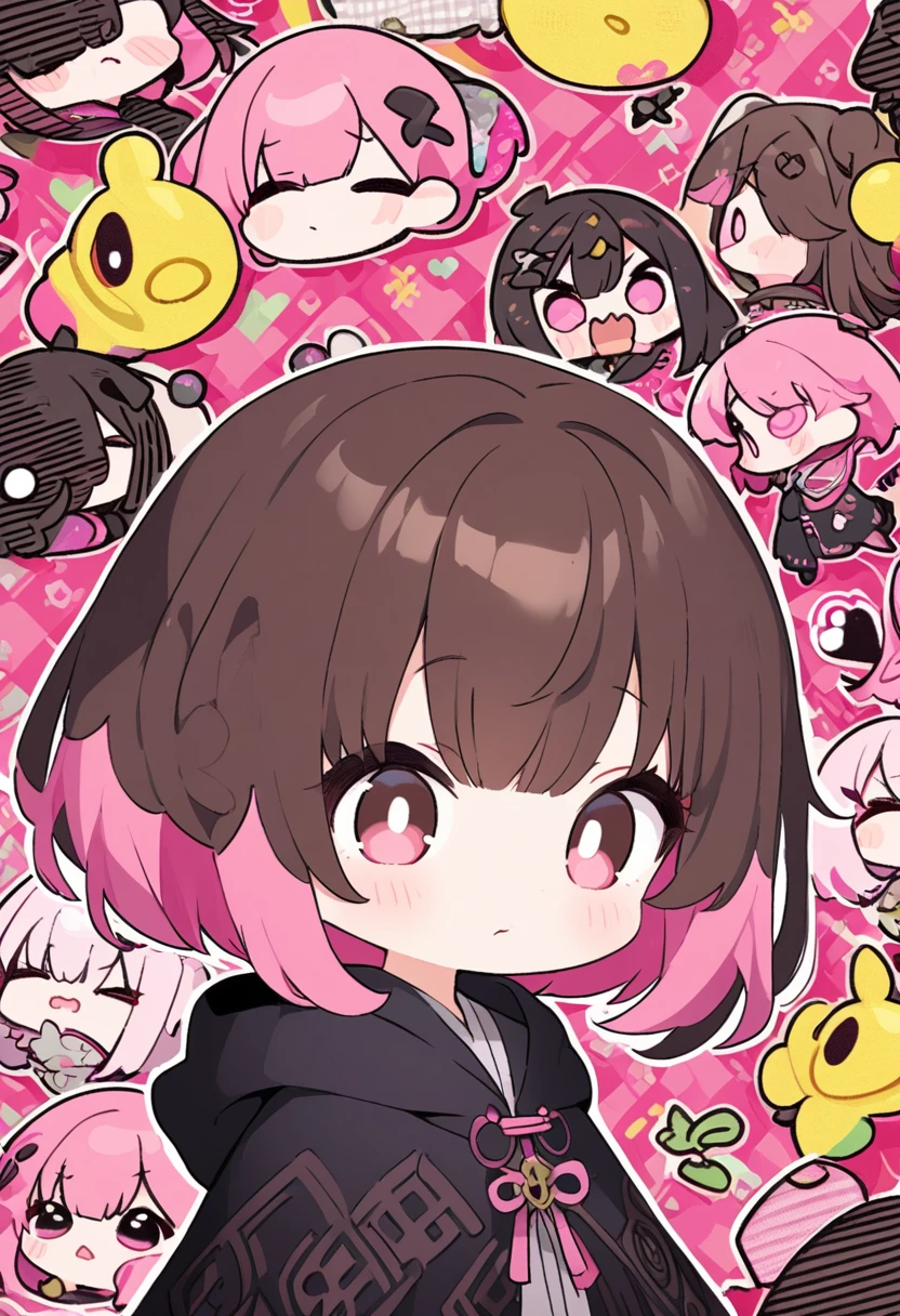 portrait, kawaii chibi character girl, pink bob haircut, cute big round eyes, expressive, wearing dark brown hooded mantle robe, background vivid color pattern patchwork wallpaper, conceptual installation art, BREAK delicate and dynamic textures, 2.5D, digital graphic CG, BREAK ultra detailed, absolutely resolution, best quality