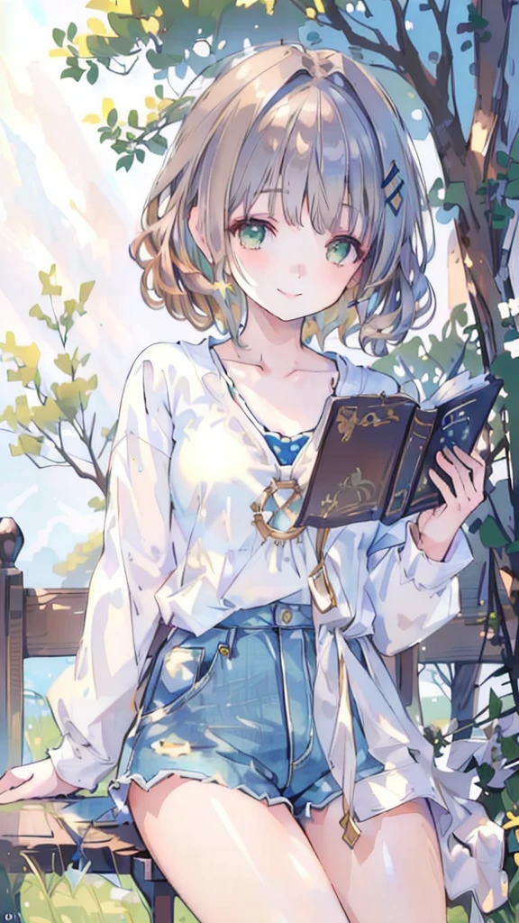 masterpiece, Best quality, Ultra Detailed), 1Portrait of a young woman，Light brown hair, Curly green eyes, Beige top and blue jeans，Smiling blue shorts singing under the tree (Leaning against a tree) and read a brown book - automatic super realistic -  