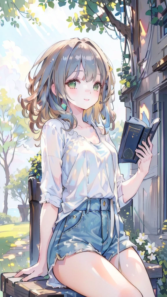 masterpiece, Best quality, Ultra Detailed), 1Portrait of a young woman，Light brown hair, Curly green eyes, Beige top and blue jeans，Smiling blue shorts singing under the tree (Leaning against a tree) and read a brown book - automatic super realistic -  