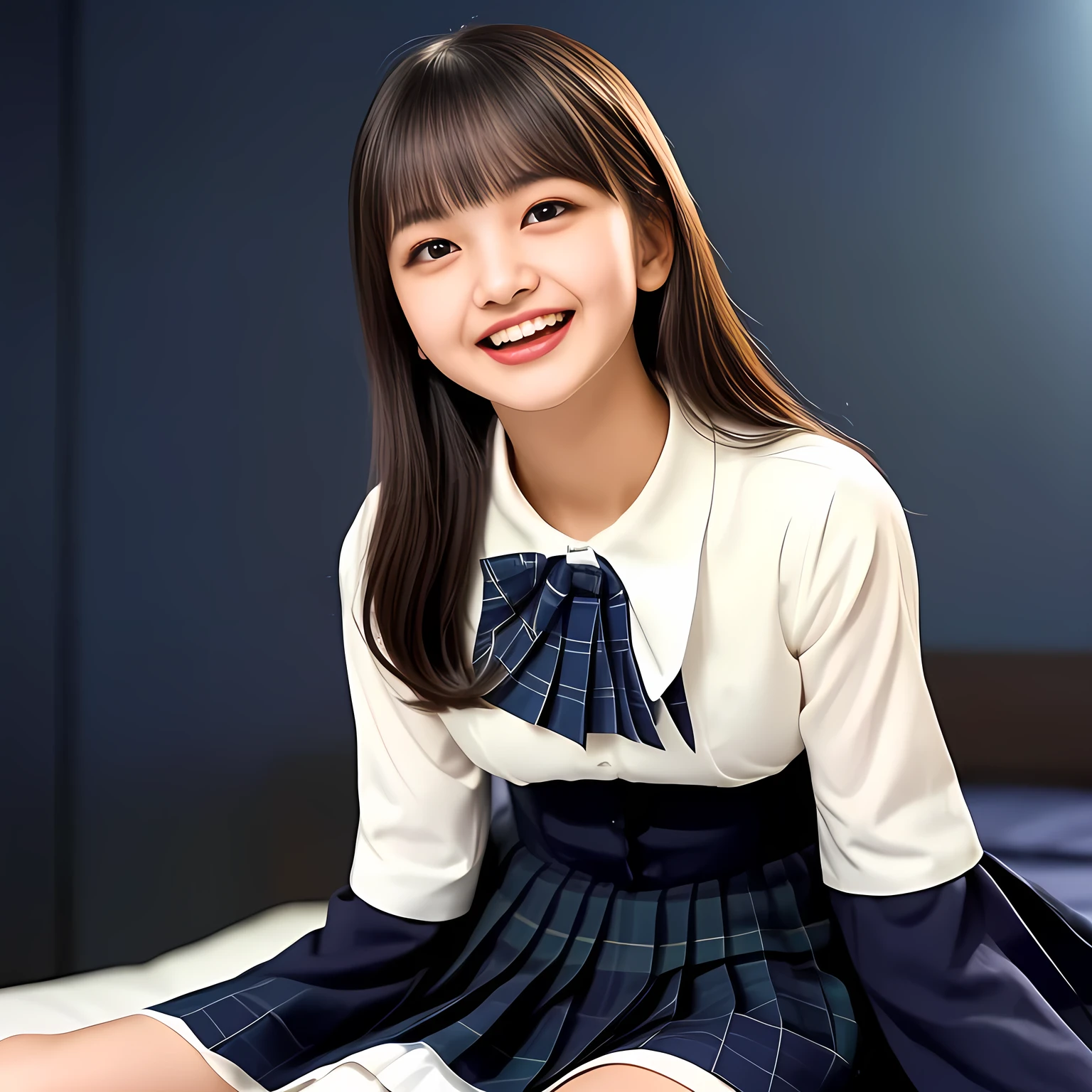 (Highest quality, masterpiece:1.2), Highest quality, High resolution, 1080P, 8k, height: 158cm, (Multiple cute girls: 1.4), (Noble, Japanese **** truly-girly-girl is seated on a blue gorgeous bed and smiling directly at me in school uniform, Looking up at me deeply, blushed shyly, Hypnotizing me with her cuteness: 1.8), looking at the viewer, well-grown breast and nice style, (well arranged, balanced, untied, neat glossy wavy wavy super-long hair), (Half-closed, Very sleepy, Double-deep-eyelids, completely balanced, brown large large dreaming Japanese **** eyes are looking up to me!, with detailed beautifully: 1.6), (Glossy lustrous lips: 1.8), (high nose: 1.2), (Rich and long bottom-eye-slashes), (Drives me crazy for her navy-colored neat tartan plaid blue skirts and make me fall into her navy-colored plaid-print pleats skirt: 1.4), (Fine white-face that looks like she has never been out of home: 1.6), (Noble girly feminine frilled frilled clean frilled white girly long-sleeves blouse: 1.6), (Navy pleated plaid skirt: 1.5), (Plain-white big ribbon on the breast), (The background is a hypnotizing blue bed of evil-succubus background: 1.8), (Girl whom everyone loves because of her beauty and neat school fashion and noble manner and magic-charm of succubus: 1.7), (full body shot from above her head), (jolly face expression), (evenly cut curled glossy rich beautiful bangs: 1.6), (bright light hitting her white-face and skirt clearly beautifully), (Very very large, dreamy, Adorable eyes, Looking deeply at me: 1.5), white-shining skin,  (She is touching and straightening her long hair with her both hands: 1.2),  (Open laughing mouth like eating me: 1.5)