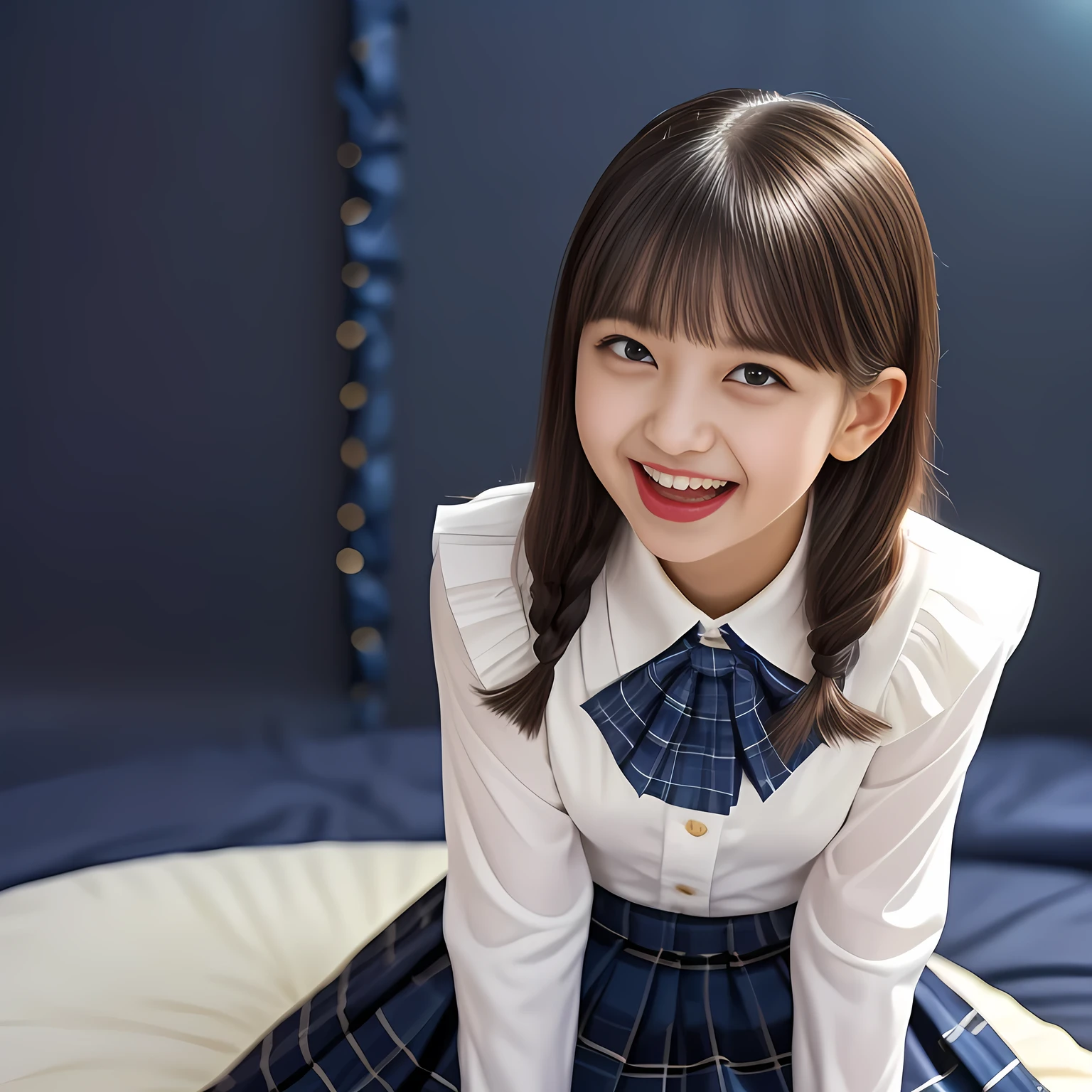 (Highest quality, masterpiece:1.2), Highest quality, High resolution, 1080P, 8k, height: 158cm, (Multiple cute girls: 1.4), (Noble, Japanese **** truly-girly-girl is seated on a blue gorgeous bed and smiling directly at me in school uniform, Looking up at me deeply, blushed shyly, Hypnotizing me with her cuteness: 1.8), looking at the viewer, well-grown breast and nice style, (well arranged, balanced, untied, neat glossy wavy wavy super-long hair), (Half-closed, Very sleepy, Double-deep-eyelids, completely balanced, brown large large dreaming Japanese **** eyes are looking up to me!, with detailed beautifully: 1.6), (Glossy lustrous lips: 1.8), (high nose: 1.2), (Rich and long bottom-eye-slashes), (Drives me crazy for her navy-colored neat tartan plaid blue skirts and make me fall into her navy-colored plaid-print pleats skirt: 1.4), (Fine white-face that looks like she has never been out of home: 1.6), (Noble girly feminine frilled frilled clean frilled white girly long-sleeves blouse: 1.6), (Navy pleated plaid skirt: 1.5), (Plain-white big ribbon on the breast), (The background is a hypnotizing blue bed of evil-succubus background: 1.8), (Girl whom everyone loves because of her beauty and neat school fashion and noble manner and magic-charm of succubus: 1.7), (full body shot from above her head), (jolly face expression), (evenly cut curled glossy rich beautiful bangs: 1.6), (bright light hitting her white-face and skirt clearly beautifully), (Very very large, dreamy, Adorable eyes, Looking deeply at me: 1.5), white-shining skin,  (She is touching and straightening her long hair with her both hands: 1.2),  (Open laughing mouth like eating me: 1.5)