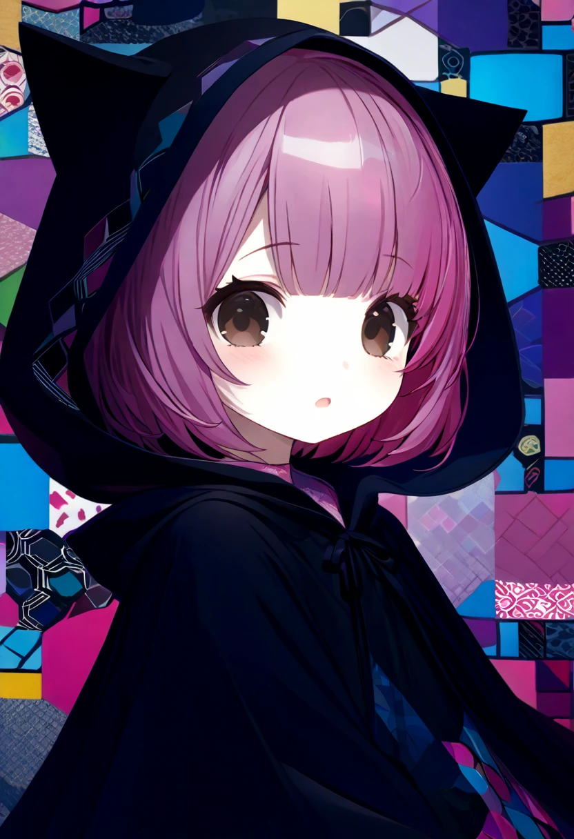 portrait, kawaii chibi character girl, pink bob haircut, cute big round eyes, expressive, wearing dark brown hooded mantle robe, background vivid color pattern patchwork wallpaper, conceptual installation art, BREAK delicate and dynamic textures, 2.5D, digital graphic CG, BREAK ultra detailed, absolutely resolution, best quality