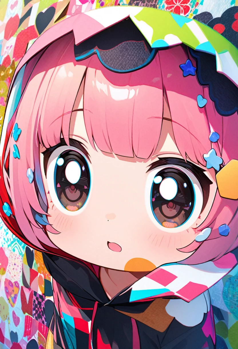 portrait, kawaii chibi character girl, pink bob haircut, cute big round eyes, expressive, wearing dark brown hooded mantle robe, background vivid color pattern patchwork wallpaper, conceptual installation art, BREAK delicate and dynamic textures, 2.5D, digital graphic CG, BREAK ultra detailed, absolutely resolution, best quality