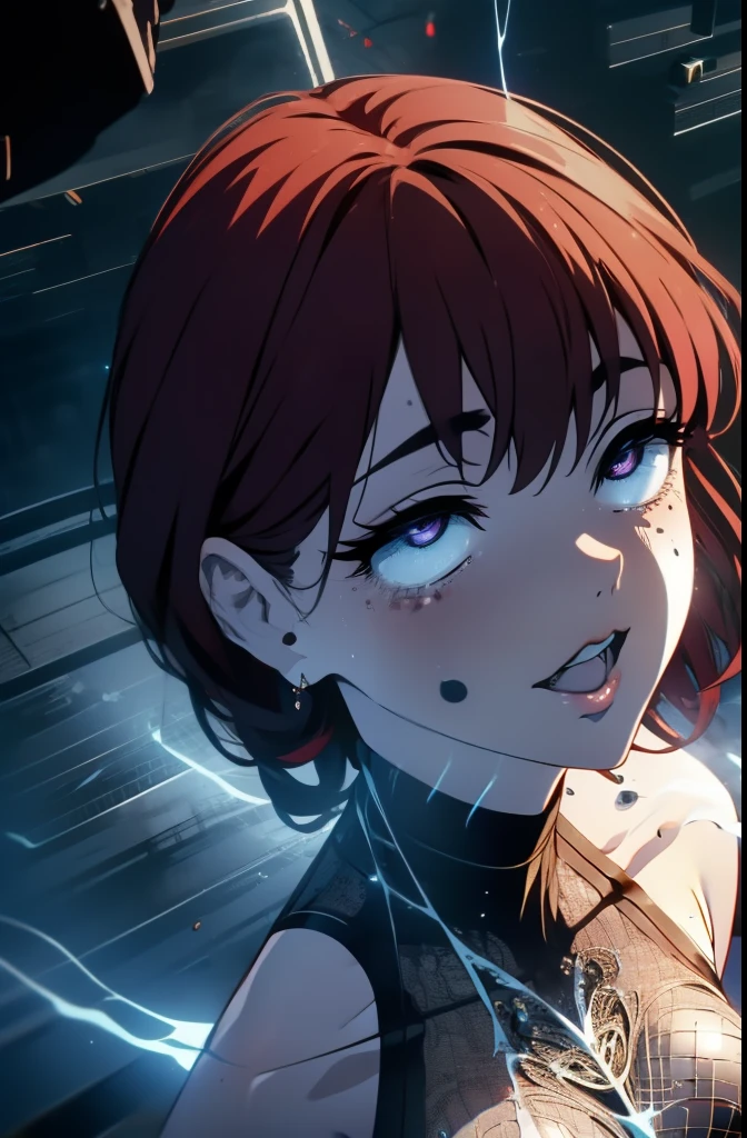 beautiful woman, red hair, rain, wind, space, Big breasts, (The best quality,4k,8K,high resolution,Masterpiece:1.2),ultra detailed,(realistic,photorealistic,photo-realistic:1.37),HDR-10,Ultra high definition,studio lighting,ultrafine paint,sharp focus,Physically based rendering,Extremely detailed description,professional,bright colors,bokeh,Very detailed face, beautiful detailed eyes, beautiful detailed lips, Eyes and face extremely detailed.., long eyelashes, evil smile, sensual pose, Dramatic lighting, ethereal atmosphere, glowing skin, A lush environment, Volumetric fog, cosmic backdrop, Satisfied smile, head tilted down, evil smile, more Plano general, relaxed open mouth, Plano general, juicy lips, Big breasts ,(( from above)), Plano general,, to throw, tummy, full body, The entire upper part was covered by a tight white lace One piece bodysuit, as if they were spider webs, turtleneck, hand reaching out, big thighs, wasp waist, tummy line, visible thighs, (Clothes: One piece), One piece bodysuit covering all body, the entire upper area covered, on all fours, hypnotic cosmic eyes, squishing her chest, hand on chest,, like in a fight, aura around her, ((standing, offensive pose)), black bikini, white long gloves, in space, white clothes, looking viewer, energy thru her arms