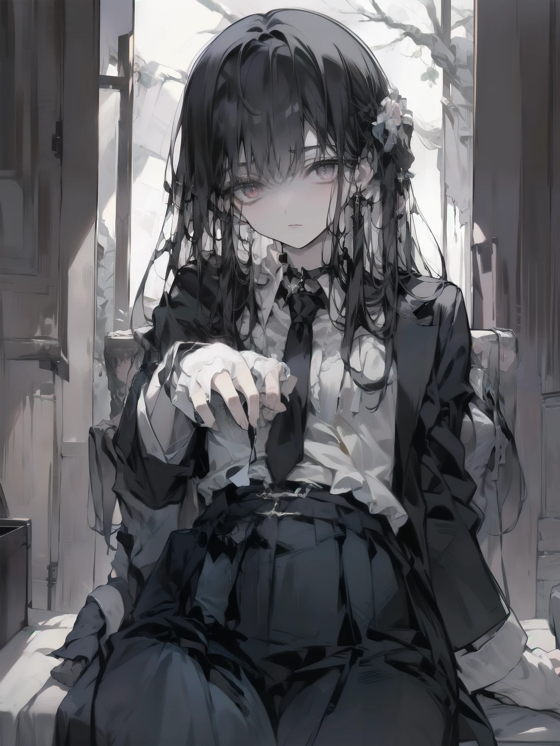 Create an image of a handsome adolescent male character with long, dark hair that falls in soft waves over his shoulders. His eyes are deep black, filled with mystery and a hint of sadness, reflecting the internal struggle he faces. His face is youthful and attractive, with soft, defined features, a smooth complexion, and lips slightly curved in an expression of longing. His skin is fair, contrasting with the dark tones of his hair, enhancing his melancholic aura.He wears a school uniform that consists of a fitted dark blazer, a white shirt, and a black tie, all with a modern cut that gives him a youthful appearance. The blazer has subtle dark gray accents and is paired with dark trousers that complete the school look. His posture is upright yet tense, as if he is poised to move, emphasizing his desire to escape the sadness represented by winter.The background is divided between spring and winter:On the spring side, there are plum blossoms in dark purple and pink hues, with petals gently falling, dark green grass, and a cloudy sky that allows a warm ray of light to break through, symbolizing hope and renewal.On the winter side, the atmosphere is gloomy, with grayish snow covering the ground and dark, bare trees reaching toward the sky, creating an oppressive and melancholic setting.The character stands near the boundary that divides these two worlds, with his body leaning decisively toward spring, while the darkness of winter seems to reach for him. His hand is outstretched toward the plum blossoms, as if trying to grasp something beyond the sadness, reflecting his desire to free himself from the emotional weight that winter represents. His expression conveys determination and hope, showcasing his internal struggle and his will to move forward toward a brighter future."
