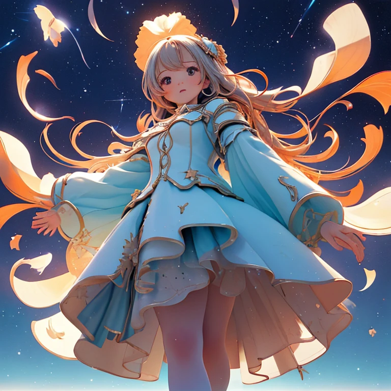 Absurd, High resolution, (official art, beautifully、aesthetic:1.2), close view, Raise your arms from below 1girl, Bright Sky, A vast world, stare, Awe-inspiring expressions, Distant Horizon, cloud, High Hill, Natural beauty, Inspiration, Night Sky, Shining Star々, App Style