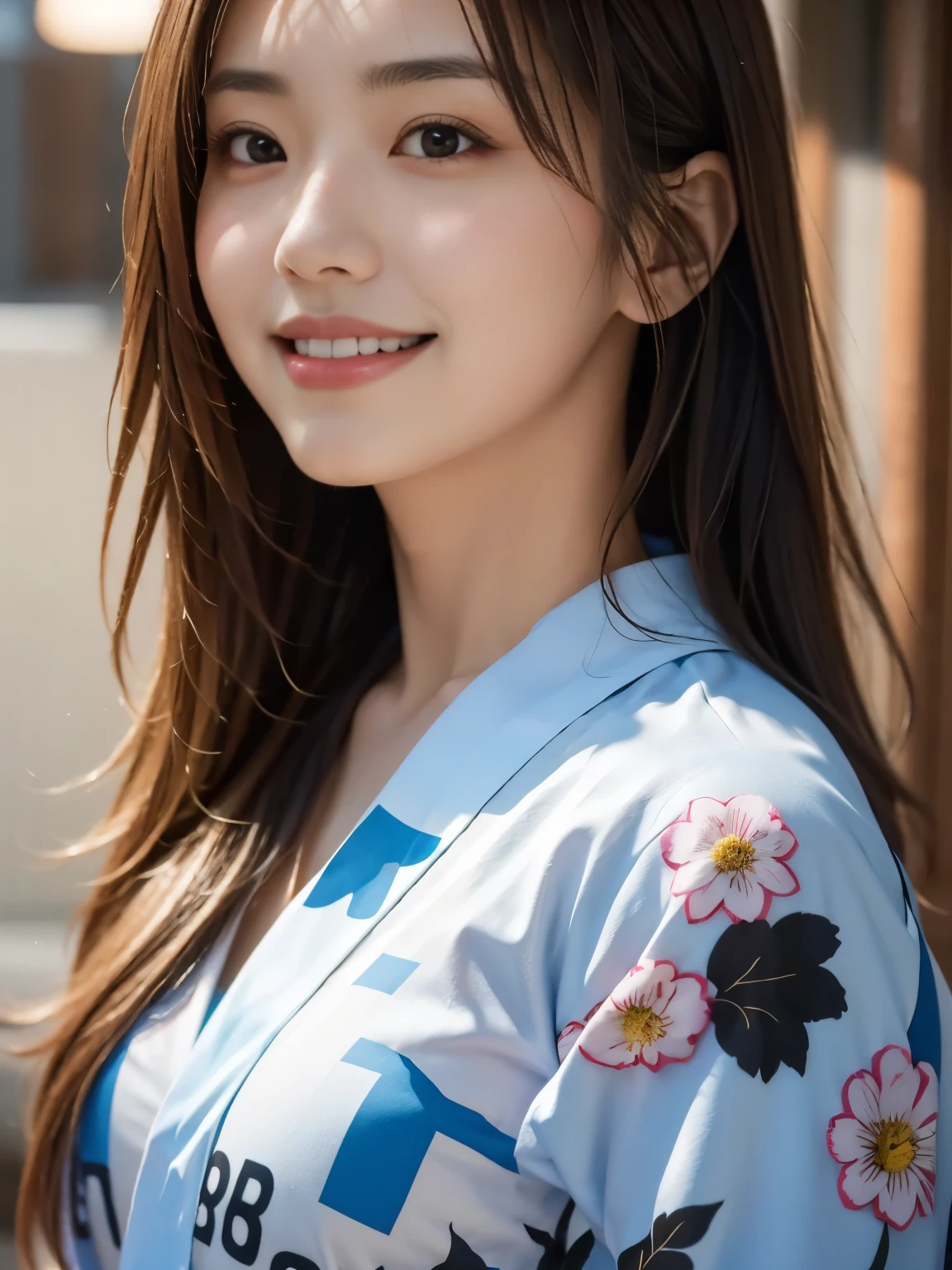 table top, highest quality, shape, Super detailed, finely, High resolution, 16k, perfect dynamic composition, straight hair, medium hair, brown hair,natural color lip, smile, 20歳のgirl、cute、beautiful、完璧でbeautiful顔, beautiful and detailed face, slim face and body, Elegant face, KPOP idol face、Japanese idol faces、small face、Big eyes, brown eyes, droopy eyes, 緻密でbeautiful目, girl,yukata, temple or shrine, temple or shrine, walk, front face、Upper body