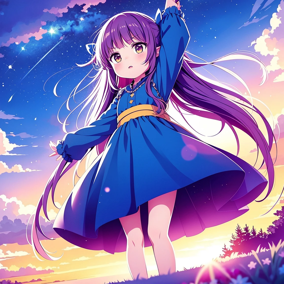 Absurd, High resolution, (official art, beautifully、aesthetic:1.2), close view, Raise your arms from below 1girl, Bright Sky, A vast world, stare, Awe-inspiring expressions, Distant Horizon, cloud, High Hill, Natural beauty, Inspiration, Night Sky, Shining Star々, App Style