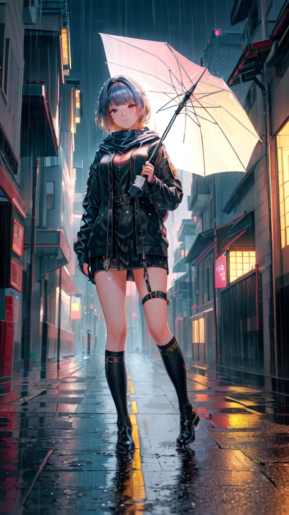 nsfw、(masterpiece, Highest quality, Super detailed:1.3), Perfect composition, 4K, (Very detailed, Super detailed),(Rainy cyberpunk night city:1.5), (Brown full-body tights)、Wear a white swimsuit over tights、White sheer long latex gloves、Transparent long latex tights,(The skin is slightly visible)、 High resolution, 8k Texture, Attention to detail, Very detailed肌の質感, Magnificent details, High Sharpness, One girl, (Fine grain:1.3), (25-year-old woman:1.3),（A smile that lowers the corners of the eyeouth showing teeth、((Rain makes me wet))