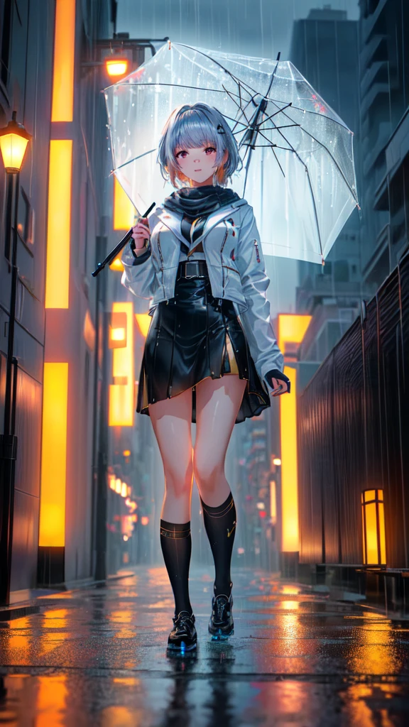 (8K, RAW photo, Best quality, masterpiece:1.2), (Practical, photo-Practical:1.37), Ometosa, 1 Girl, (Korean Idol), (Egiosar:1), Lovely, Cityscape, rain, Wet, Professional lighting, Photon Mapping, Radiosity, Physically Based Rendering,,  