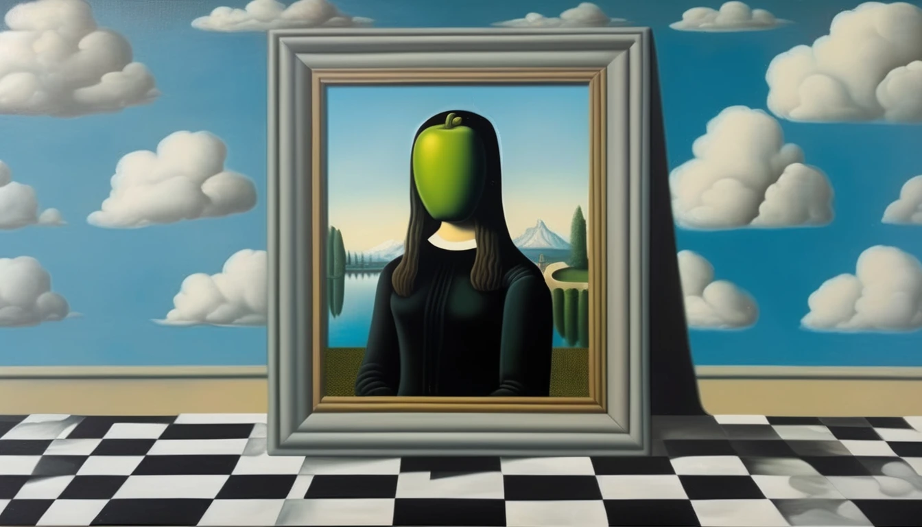 René Magritte Style - A painting in the style of René Magritte on a checkerboard with the Mona Lisa in the background 