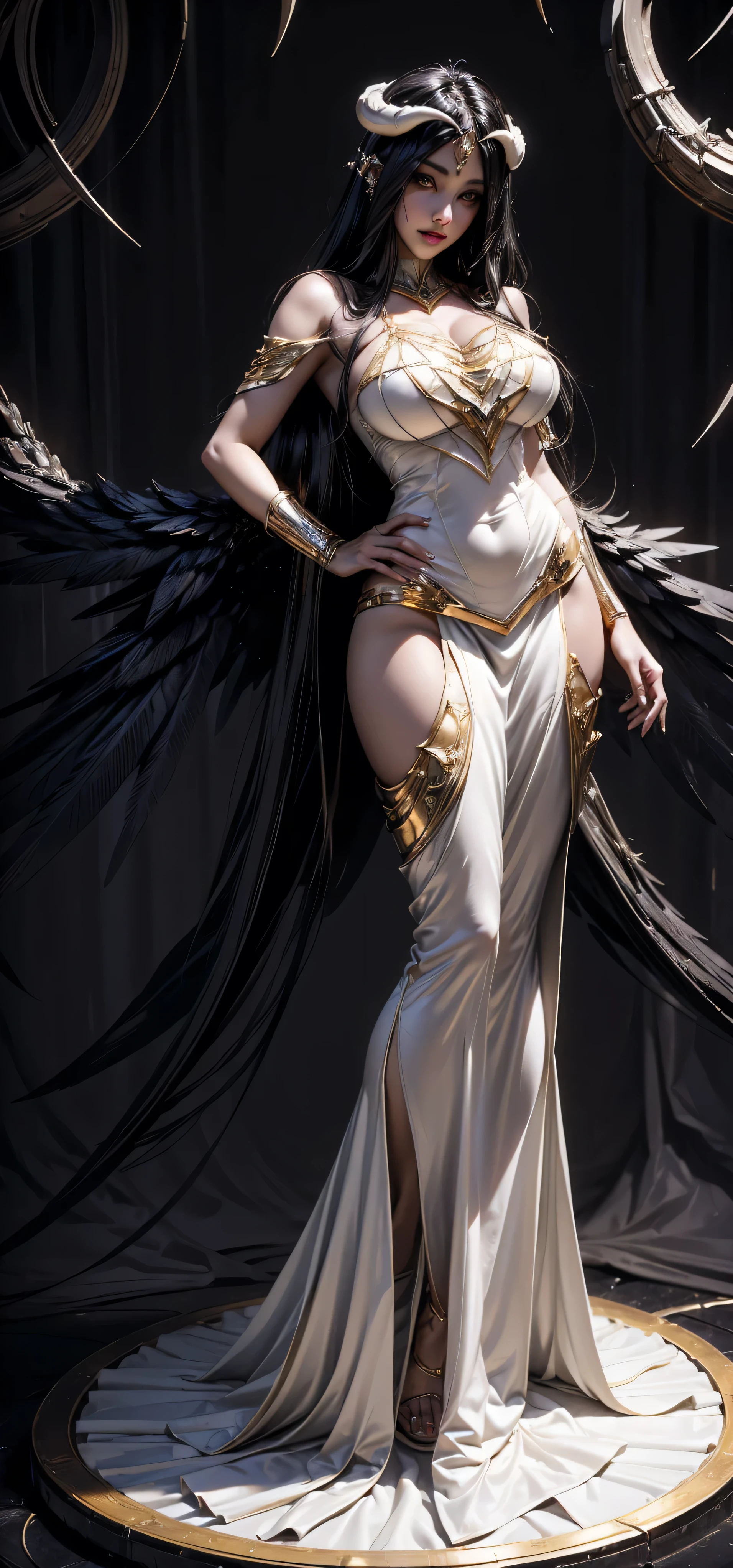 A (super realistic) beautiful sexy wife (albedo_overlord) with ( eyes with highest detailing) and white attire(detailed) with gold jewellery on breast, beautiful breast(sexy), black long beautiful hair, hyper detailed black devil's wings (every thing with best detailing), full body (standing in middle pose)