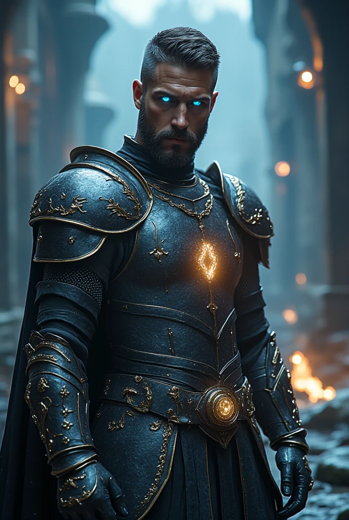 A full body shot of an awe-inspiring male paladin, 30 years old，small beard, Sexy and charming expression，gloomy eyes，Blue eyes, hkstyle, shirtless, wearing a embers black bodysuit, extremely masculine physique, dynamic pose, emanating potent light magic. The scene is set in mysterious cityscape, illuminated by the glow of the paladin's magic. The composition is expertly crafted, with breathtaking attention to detail and cinematic lighting. The overall aesthetic is reminiscent of Fujifilm photography, capturing the beauty and depth of the scene