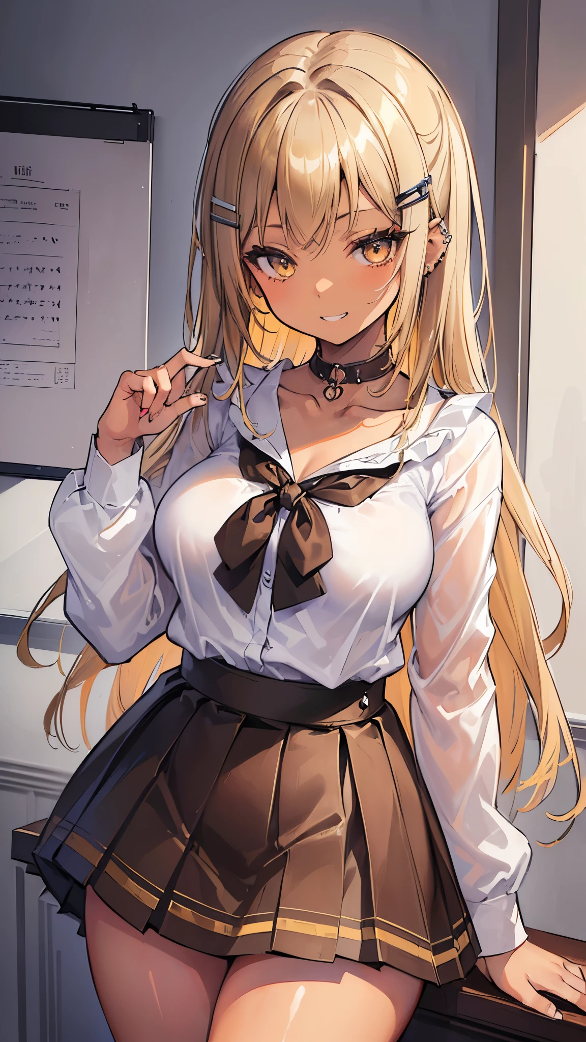 ((masterpiece、Best Quality、Very detailed))、One girl、improve、((Brown skin:1.3))、Yellow Hair、Long Hair、Grey Eyes、evil smile、((Grin))、((lots of piercing))、Hair Clip、Large Breasts、((White collared shirt))、((clavicle))、cleavage、((Black pleated skirt))、((Thick waist))、((Thick thighs))、Cowboy Shot、Classroom Background