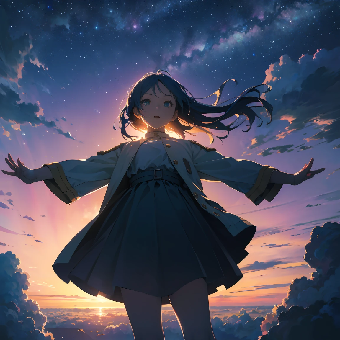 Absurd, High resolution, (official art, beautifully、aesthetic:1.2), close view, Raise your arms from below 1girl, Bright Sky, A vast world, stare, Awe-inspiring expressions, Distant Horizon, cloud, High Hill, Natural beauty, Inspiration, Night Sky, Shining Star々, App Style