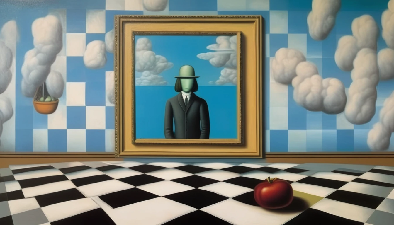 René Magritte Style - A painting in the style of René Magritte on a checkerboard with the Mona Lisa in the background 