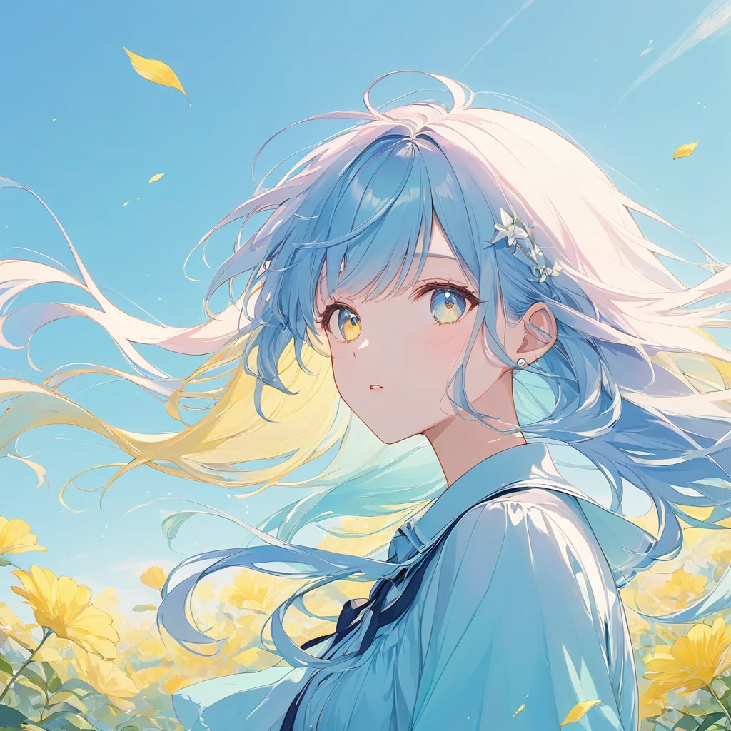 One woman,pastel,Hair Gradient,Yellow and light blue gradation,The base is yellow,The tips of the hair are light blue,Long Hair,Blowing in the Wind,Very refreshing,Fluffy hair,ソフトなpastelタッチ 虹彩異色症,Yellow Eyes(blue eyes),Smiling flower field background,Yellow Flower Masterpiece,Best Quality,Exquisite,8k,Absurd,Ultra-detailed illustrations,(Watch the audience)