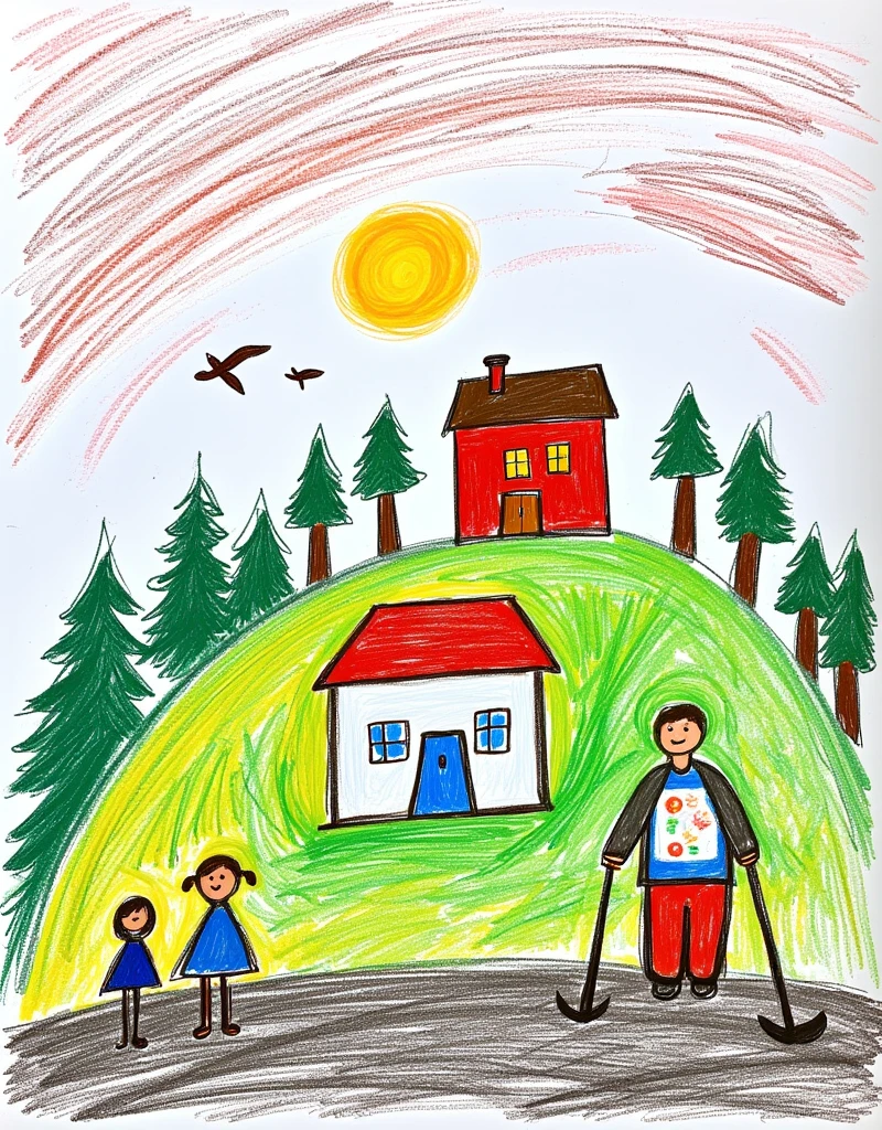 children-drawing, colorful, hand-drawn picture, artistic landscape, scene, hill, house on top, smaller house, slope, sun, sky, houses, vibrant atmosphere, trees, depth, detail, overall composition, person, picturesque setting, view, daily activities