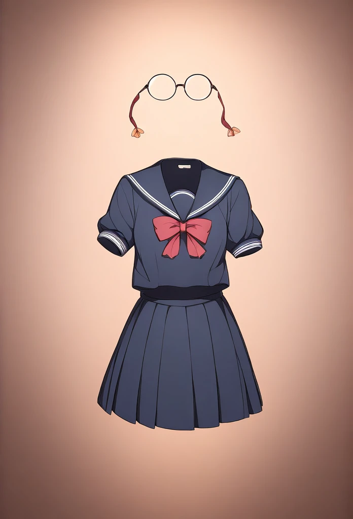 "A school girl wearing a sailor uniform, but she is invisible. The only visible things are her round glasses floating mid-air and the outlines of her school uniform. The background shows a typical school environment, such as a classroom or hallway, with soft lighting. The glasses reflect a bit of light, adding a subtle glow, but her body and face are completely unseen."