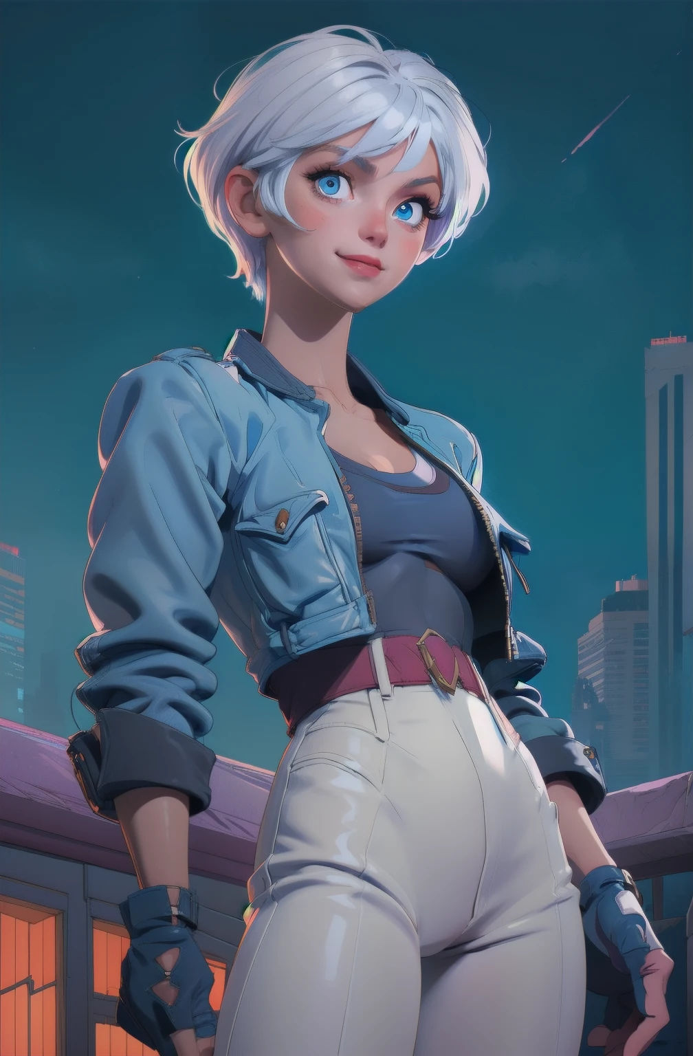 angelkof, white hair, short hair, blue eyes, 
 cropped jacket,  navel, zipper, fingerless gloves, underwear,  chaps, cleavage,   
standing,  upper body,  from below,   light smile, full body shot,
city,  concert,   night, 
(insanely detailed, beautiful detailed face, beautiful detailed eyes, masterpiece, best quality),solo,