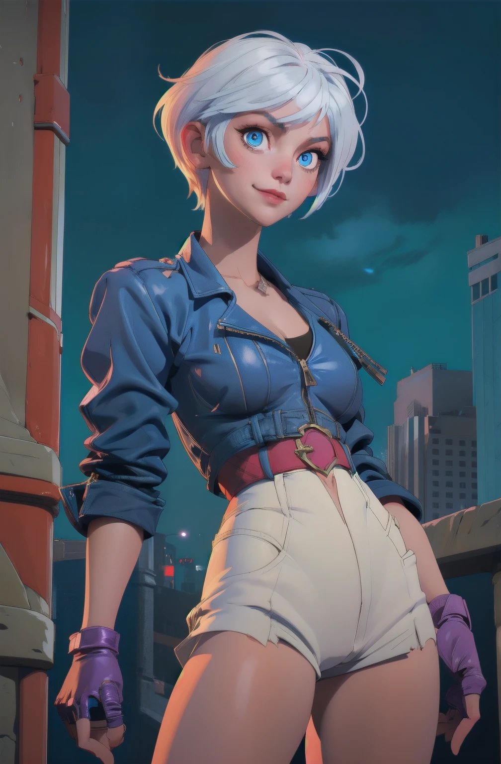 angelkof, white hair, short hair, blue eyes, 
 cropped jacket,  navel, zipper, fingerless gloves, underwear,  chaps, cleavage,   
standing,  upper body,  from below,   light smile, full body shot,
city,  concert,   night, 
(insanely detailed, beautiful detailed face, beautiful detailed eyes, masterpiece, best quality),solo,