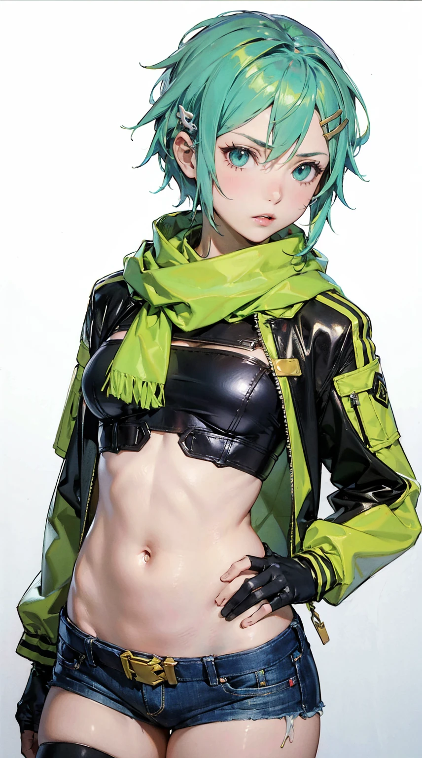 masterpiece, Highest quality, One girl, alone, 23 years old, Adult, Turquoise Hair, Messy Hair, Asymmetrical Hair, Ahoge, Very short hair, Aqua Eye, Medium chest, Toned Up, 167cm, Pale skin, Glasses, Grin, Olive green shirt, jeans, Abdominal Peek,