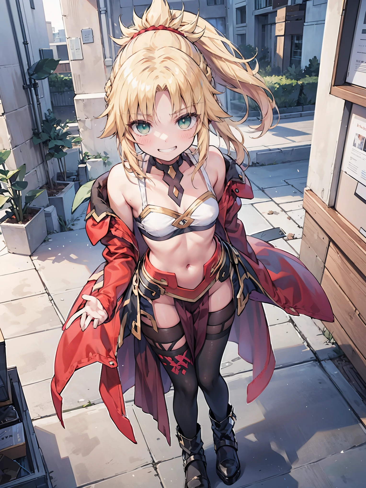 Masterpiece, Best Quality, illustration, city, 1girl, Mordred \(fate\), collarbone, Detailed blond hair ponytail braid, green eyes,,navel,thigh-high, covered_pussy,flat_chest,long_sworddangerousbeast,elbow_gloves,
,wolf_tail,wolf_ears,fang,happy,nihil,smile,spread_legs,claw_pose,armpits,open_mouth,angry,squat,bikini_bottoms,rise_hands,Highquality_hads,perfect_fingers,sweat,