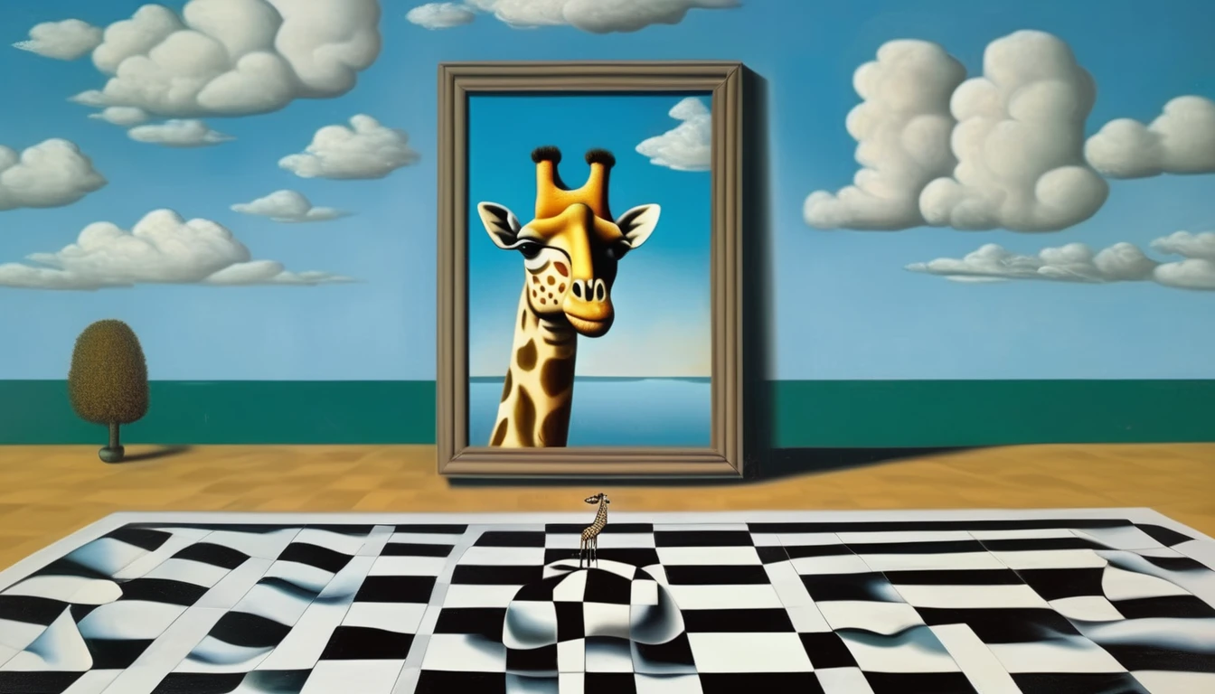 René Magritte Style - A painting in the style of René Magritte on a checkerboard with the Mona Lisa in the background and a giraffe 