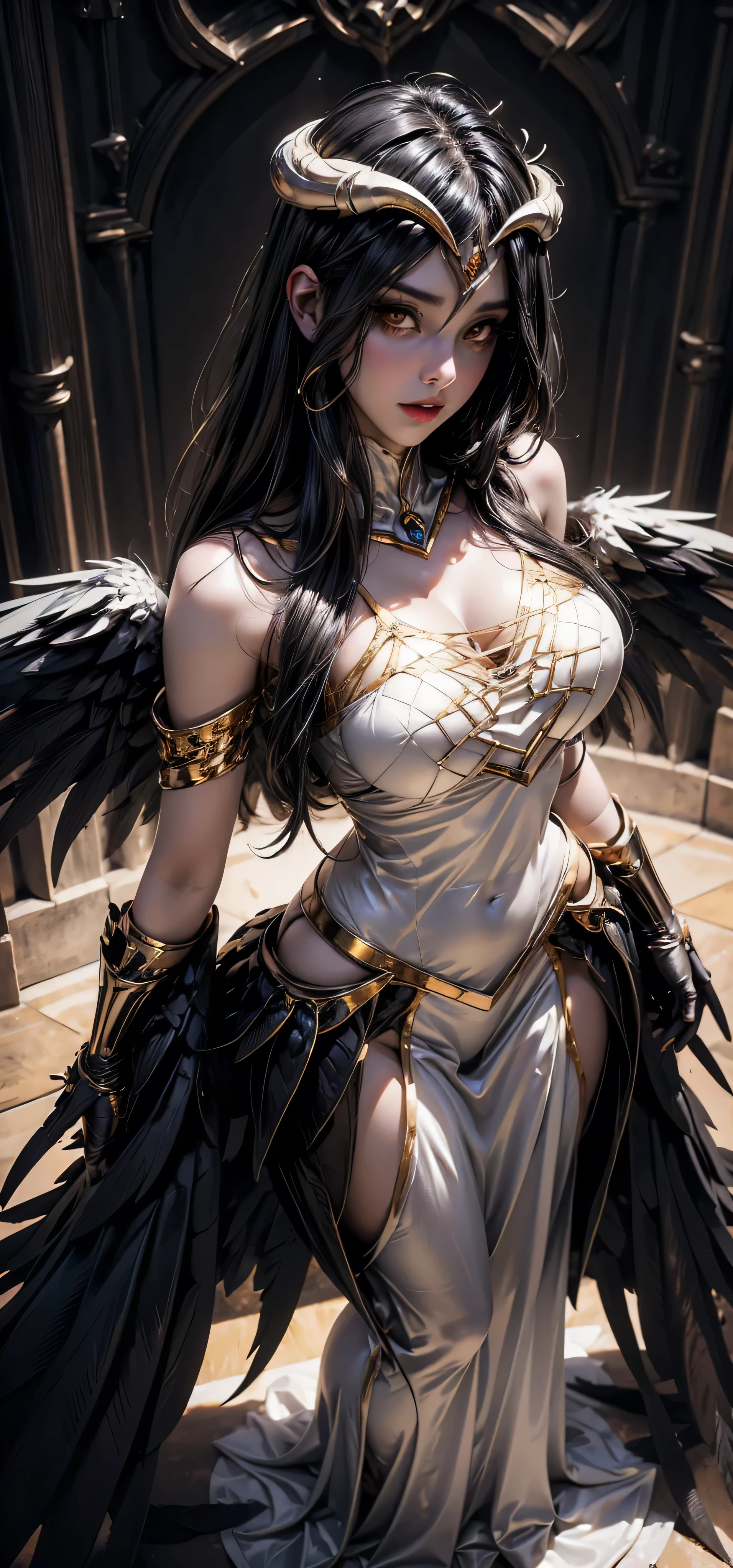 A (super realistic) beautiful sexy wife (albedo_overlord) with ( eyes with highest detailing) and white attire(detailed) with gold jewellery on breast, beautiful breast(sexy), black long beautiful hair, hyper detailed black devil's wings (every thing with best detailing), full body (standing in middle pose)