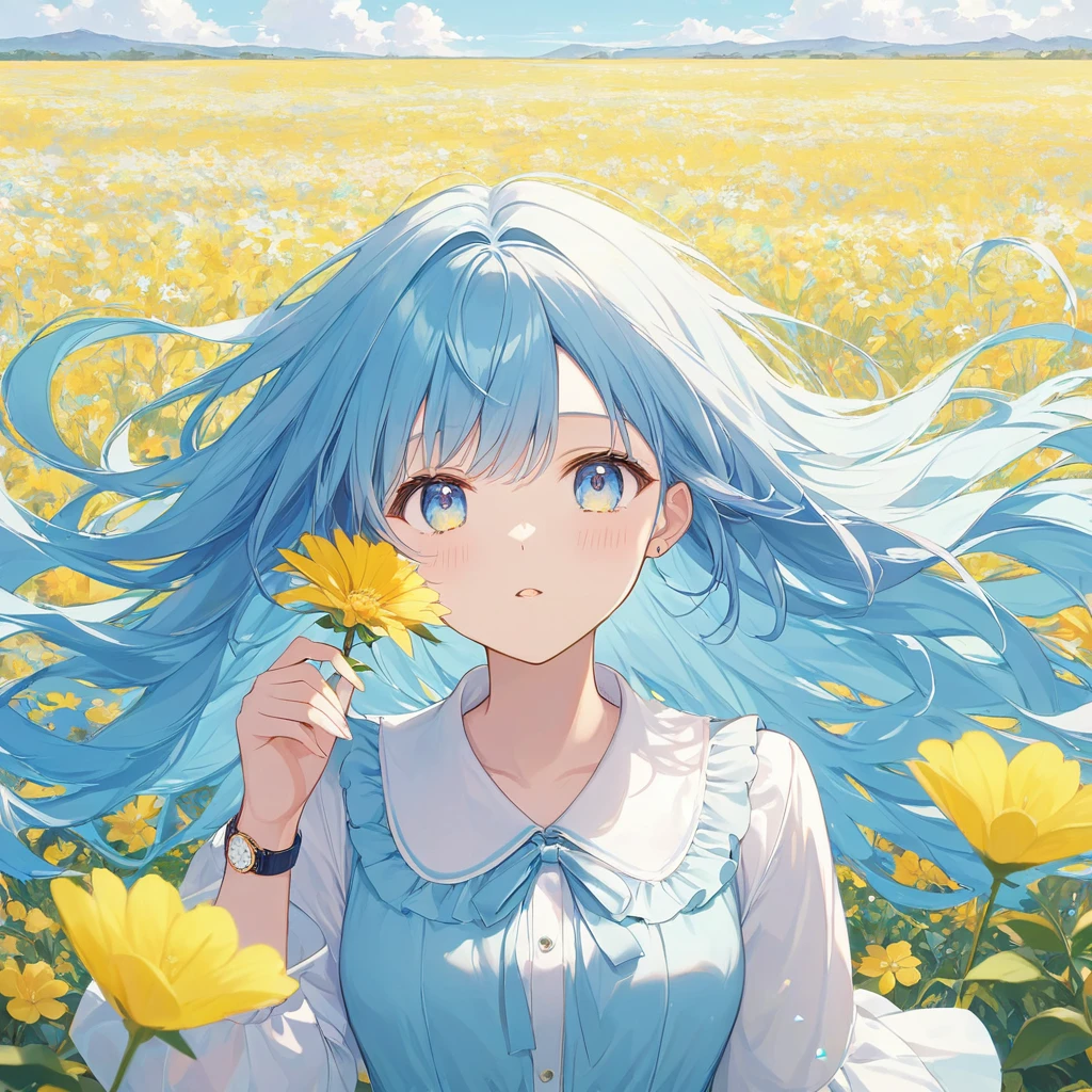 One woman,pastel,Hair Gradient,Yellow and light blue gradation,The base is yellow,The tips of the hair are light blue,Long Hair,Blowing in the Wind,Very refreshing,Fluffy hair,ソフトなpastelタッチ 虹彩異色症,Yellow Eyes(blue eyes),Smiling flower field background,Yellow Flower Masterpiece,Best Quality,Exquisite,8k,Absurd,Ultra-detailed illustrations,(Watch the audience)