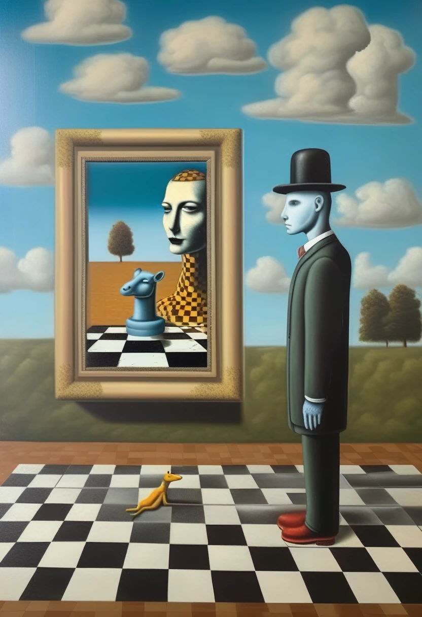 René Magritte Style - A painting in the style of René Magritte on a checkerboard with the Mona Lisa in the background and a robot giraffe 