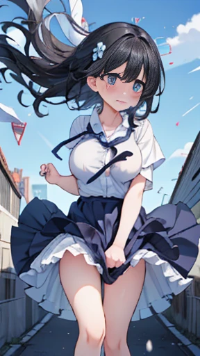 Tazune rirei, nsfw, 8k, ultra-detailed, Masterpiece, best quality, perfect lighting, aqua eyes, black hair, braid hair, pink sweater with vertical lines, black pleated skirt,
earrings, garter belt, black thigh-high socks, black platform shoes,, small handbag, 1girl, solo, looking at viewer, standing on street, portrait, bokeh, light smile, 